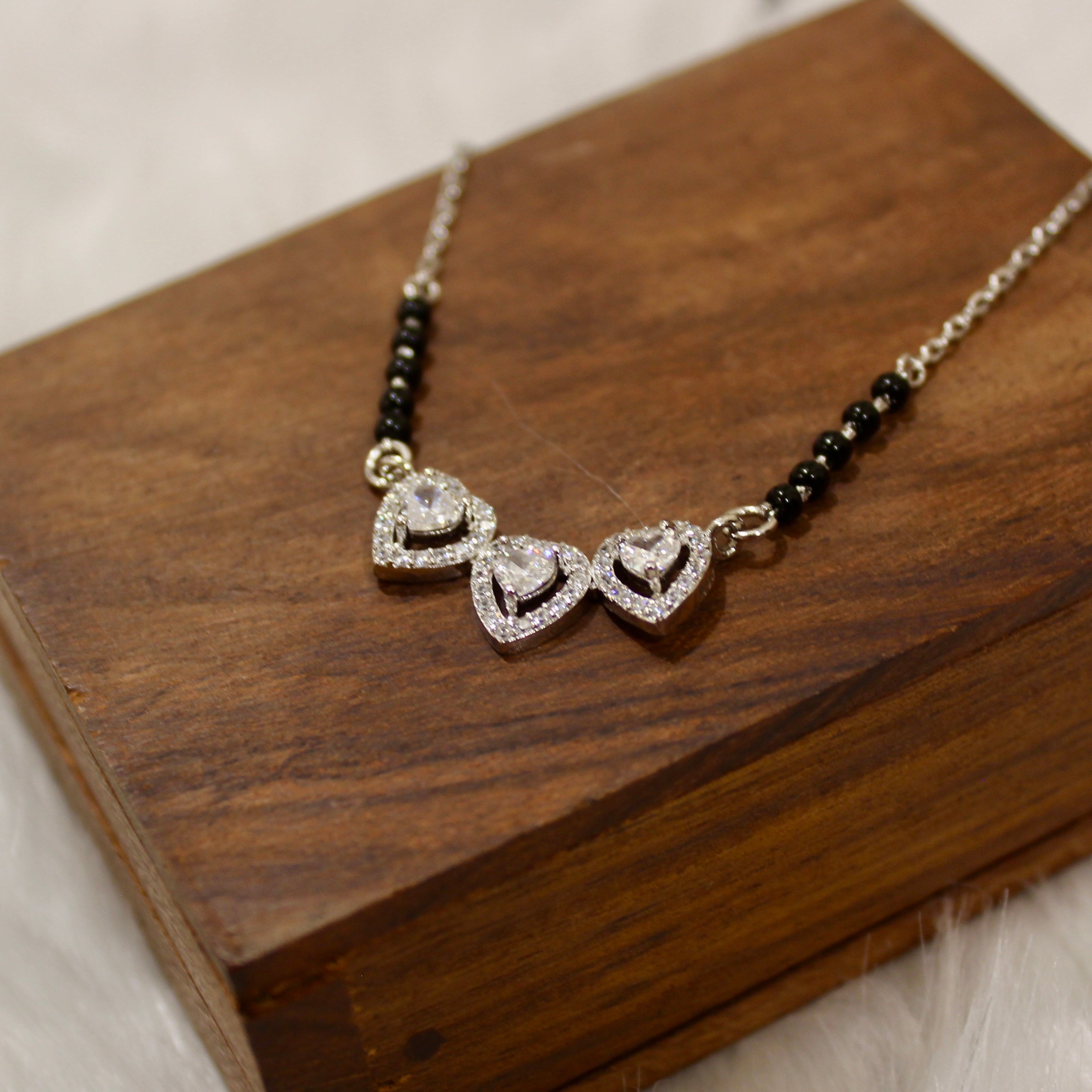 3 Hearts Solitaire Zircon Stones Mangalsutra in 925 Silver