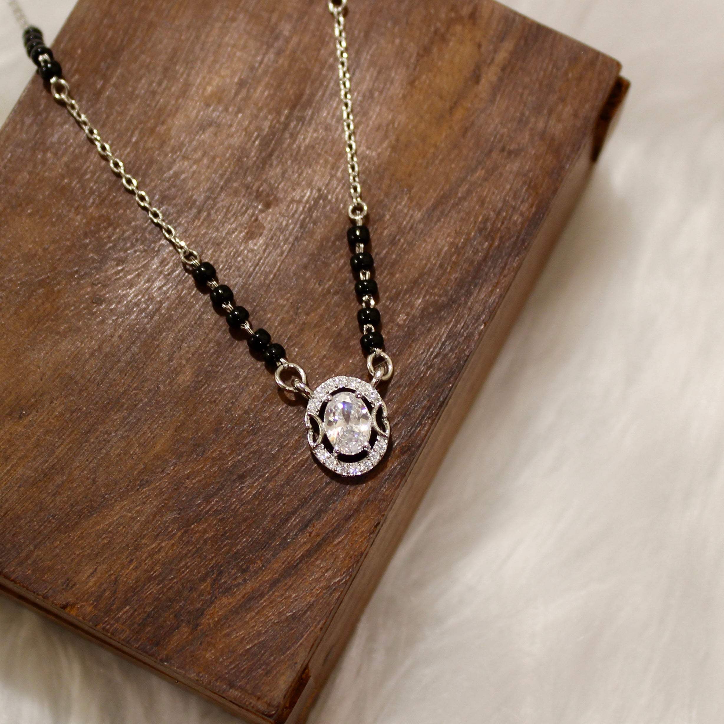 Oval Bordered Solitaire Stone Mangalsutra in 925 Silver