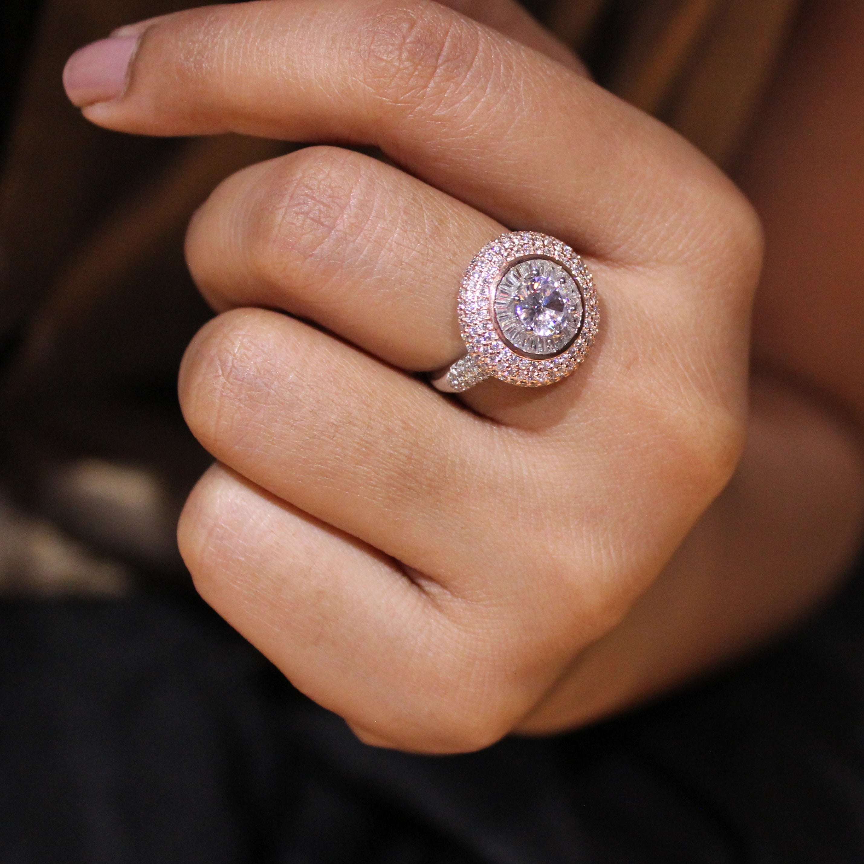 American diamond heavy XL rose gold silver ring