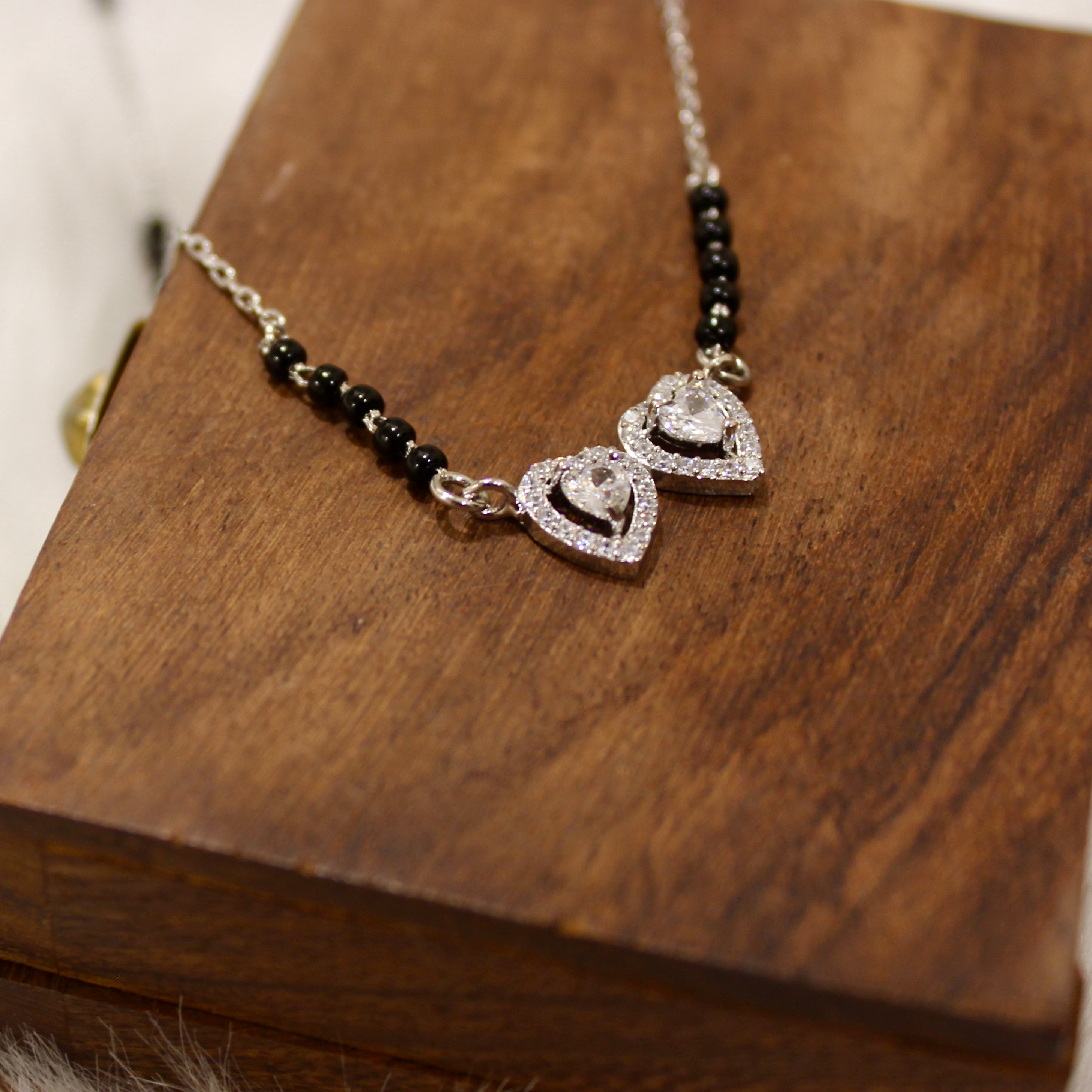 2 Hearts Solitaire Zircon Stones Mangalsutra in 925 Silver