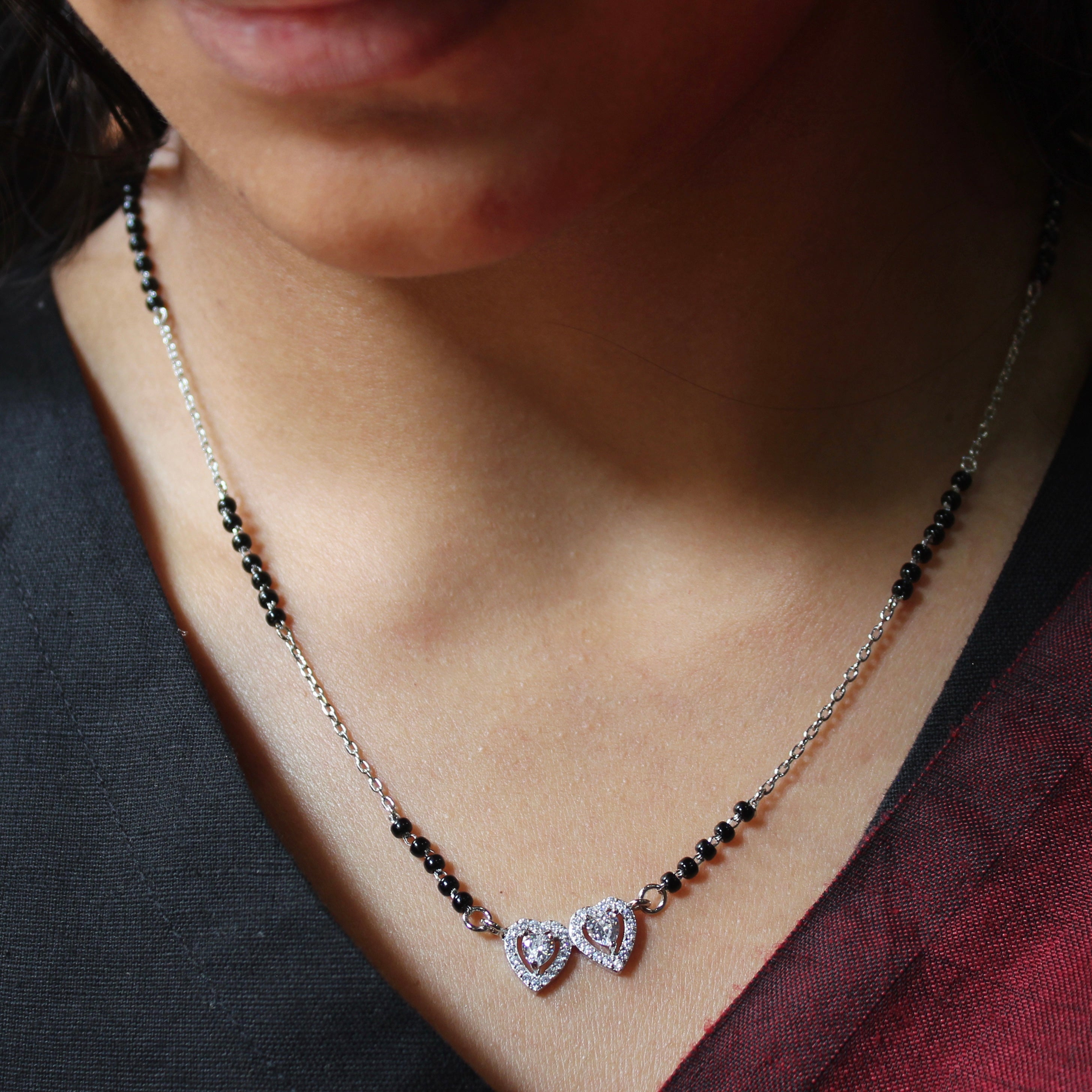 2 Hearts Solitaire Zircon Stones Mangalsutra in 925 Silver