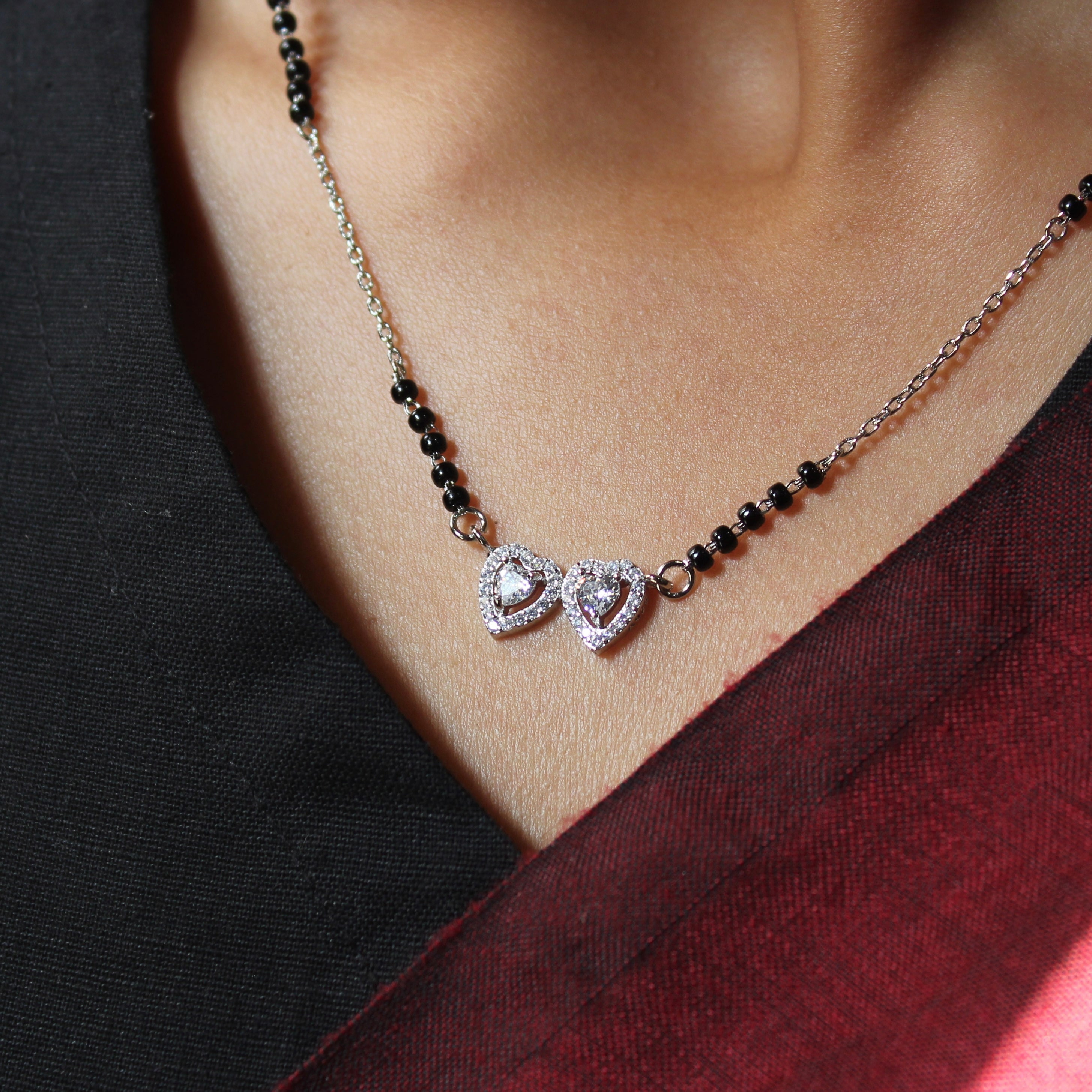2 Hearts Solitaire Zircon Stones Mangalsutra in 925 Silver