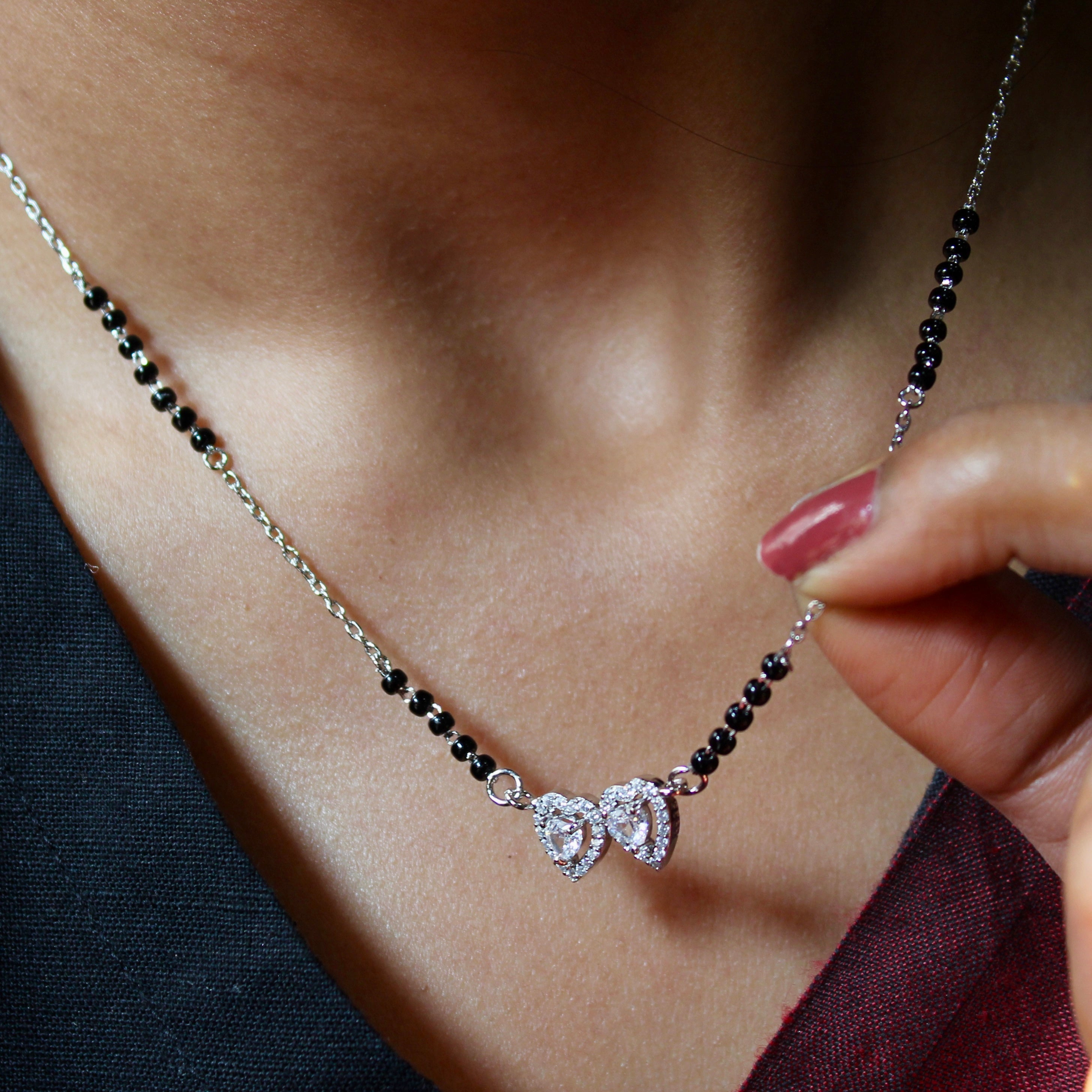 2 Hearts Solitaire Zircon Stones Mangalsutra in 925 Silver