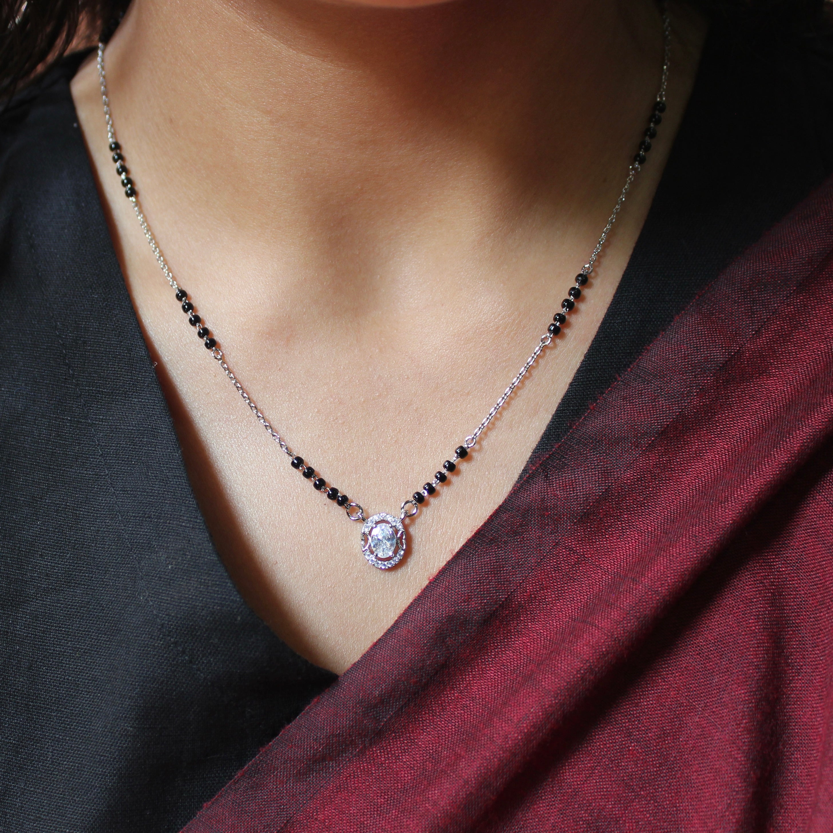 Oval Bordered Solitaire Stone Mangalsutra in 925 Silver