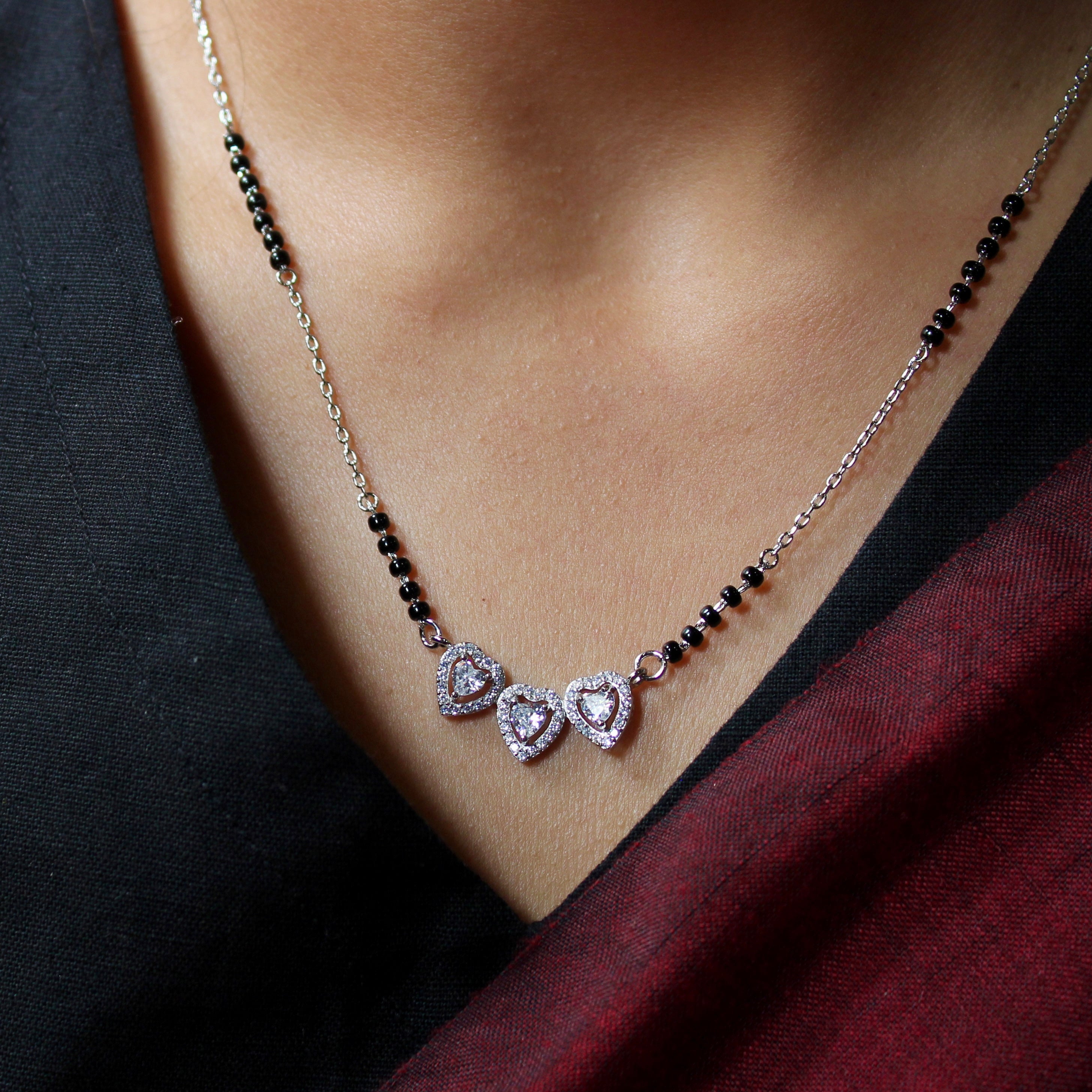 3 Hearts Solitaire Zircon Stones Mangalsutra in 925 Silver