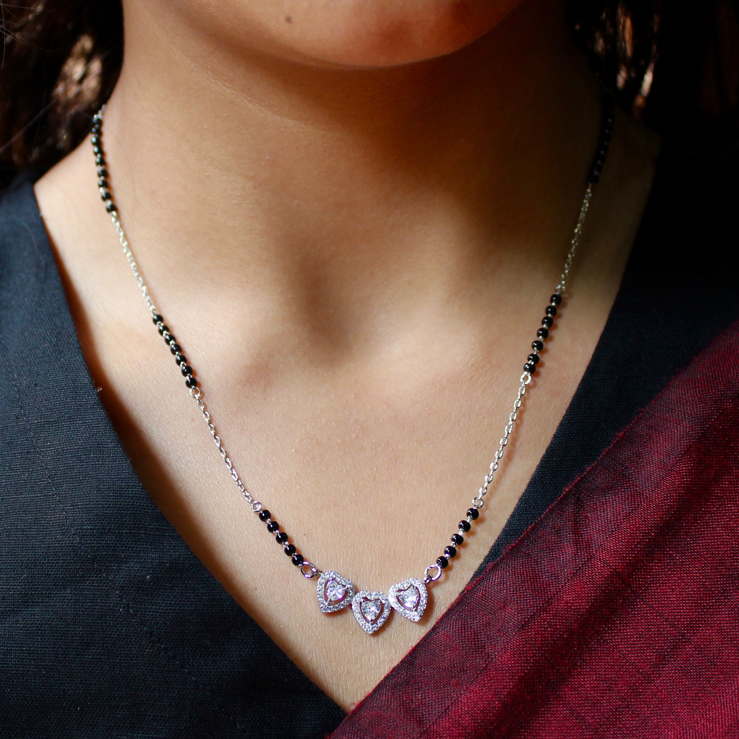 3 Hearts Solitaire Zircon Stones Mangalsutra in 925 Silver