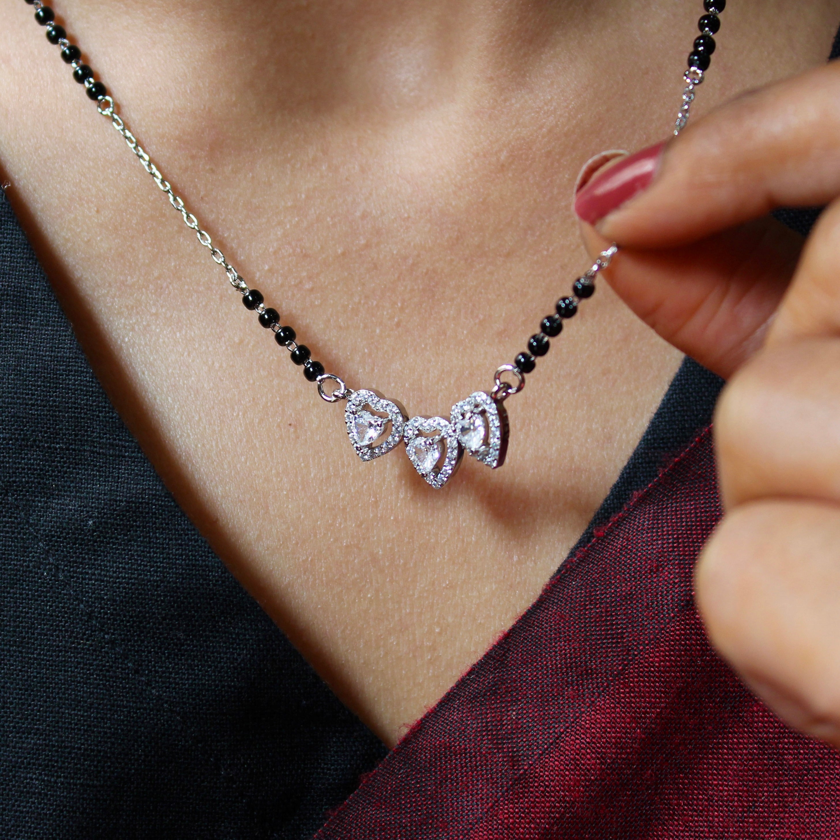 3 Hearts Solitaire Zircon Stones Mangalsutra in 925 Silver
