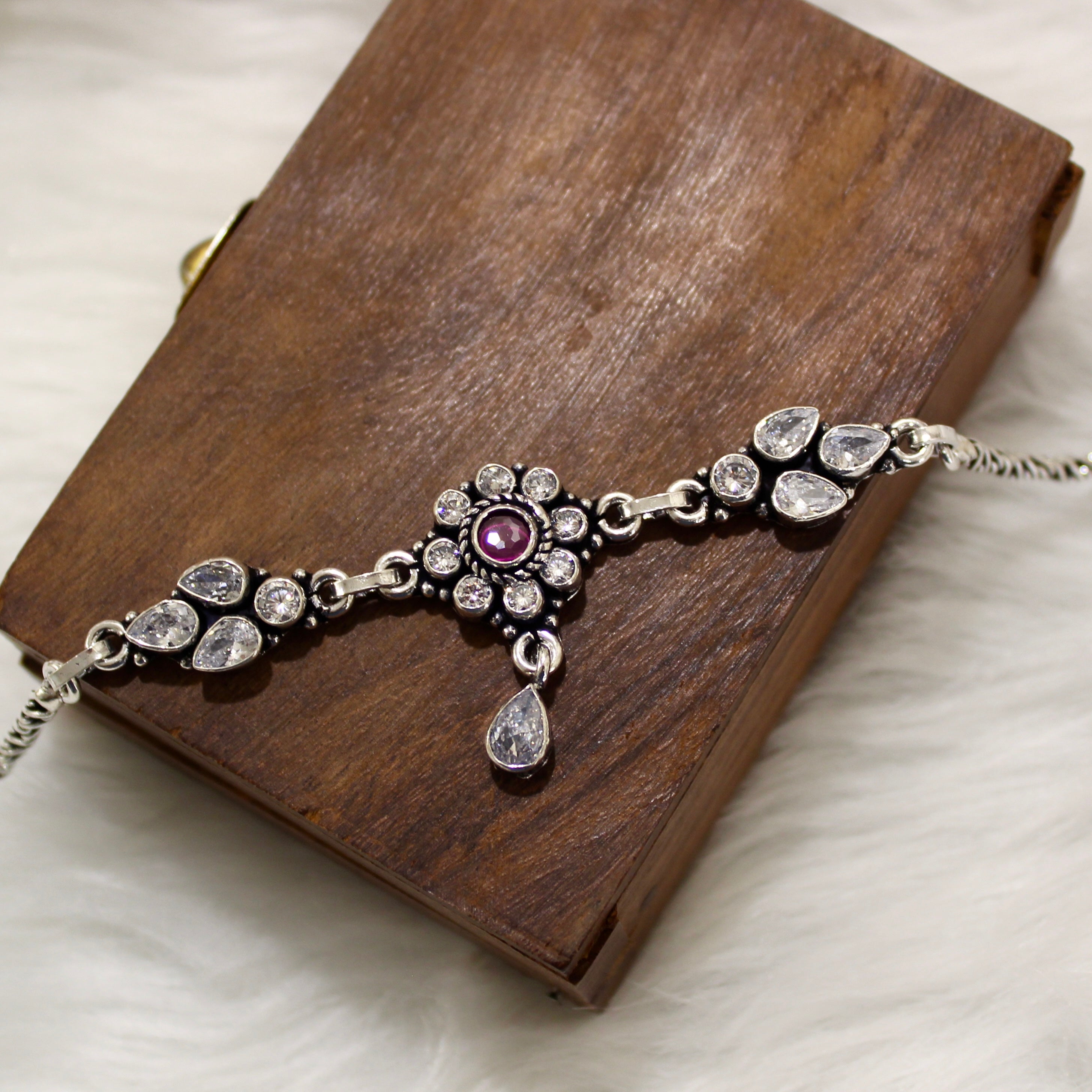 Ruby & Zircon Stones Flowers Oxidised Anklet in 925 Silver- Single piece