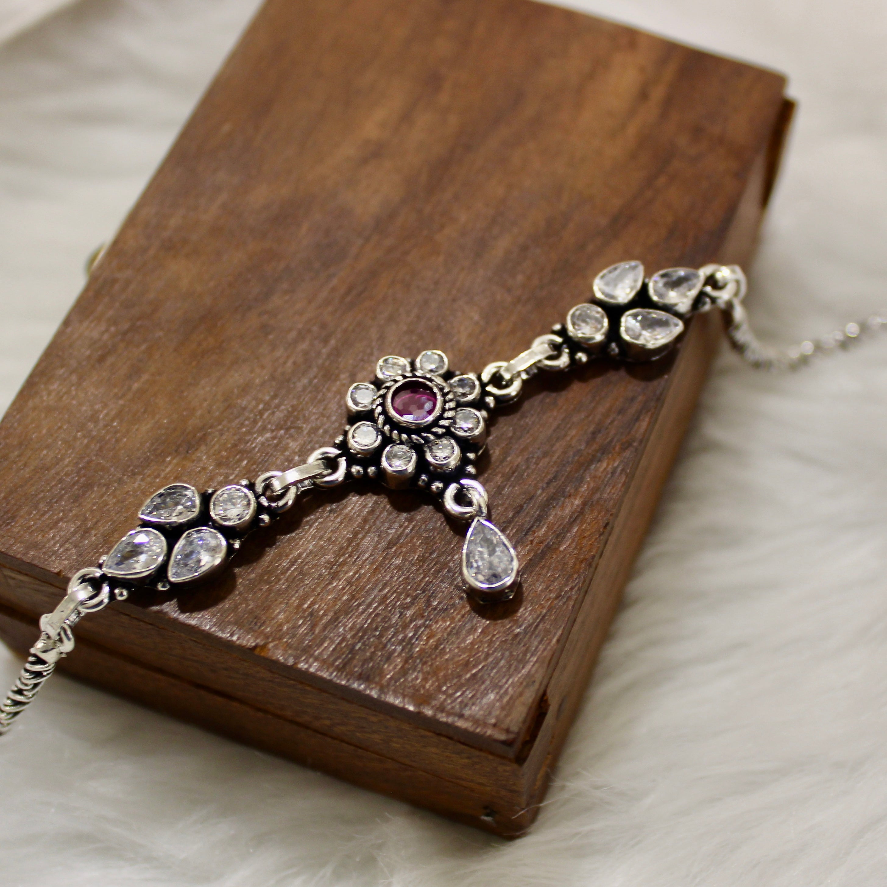 Ruby & Zircon Stones Flowers Oxidised Anklet in 925 Silver- Single piece