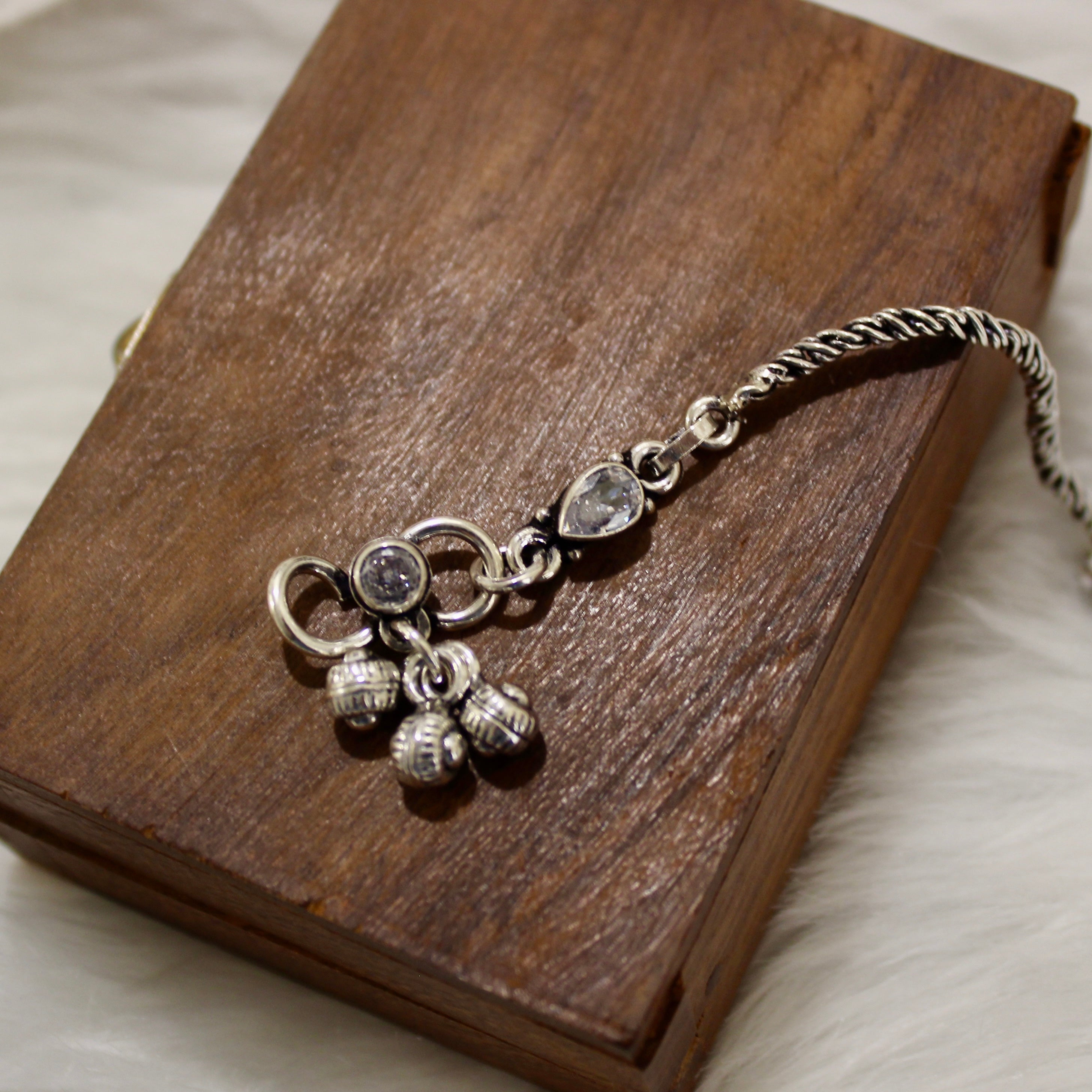 Ruby & Zircon Stones Flowers Oxidised Anklet in 925 Silver- Single piece