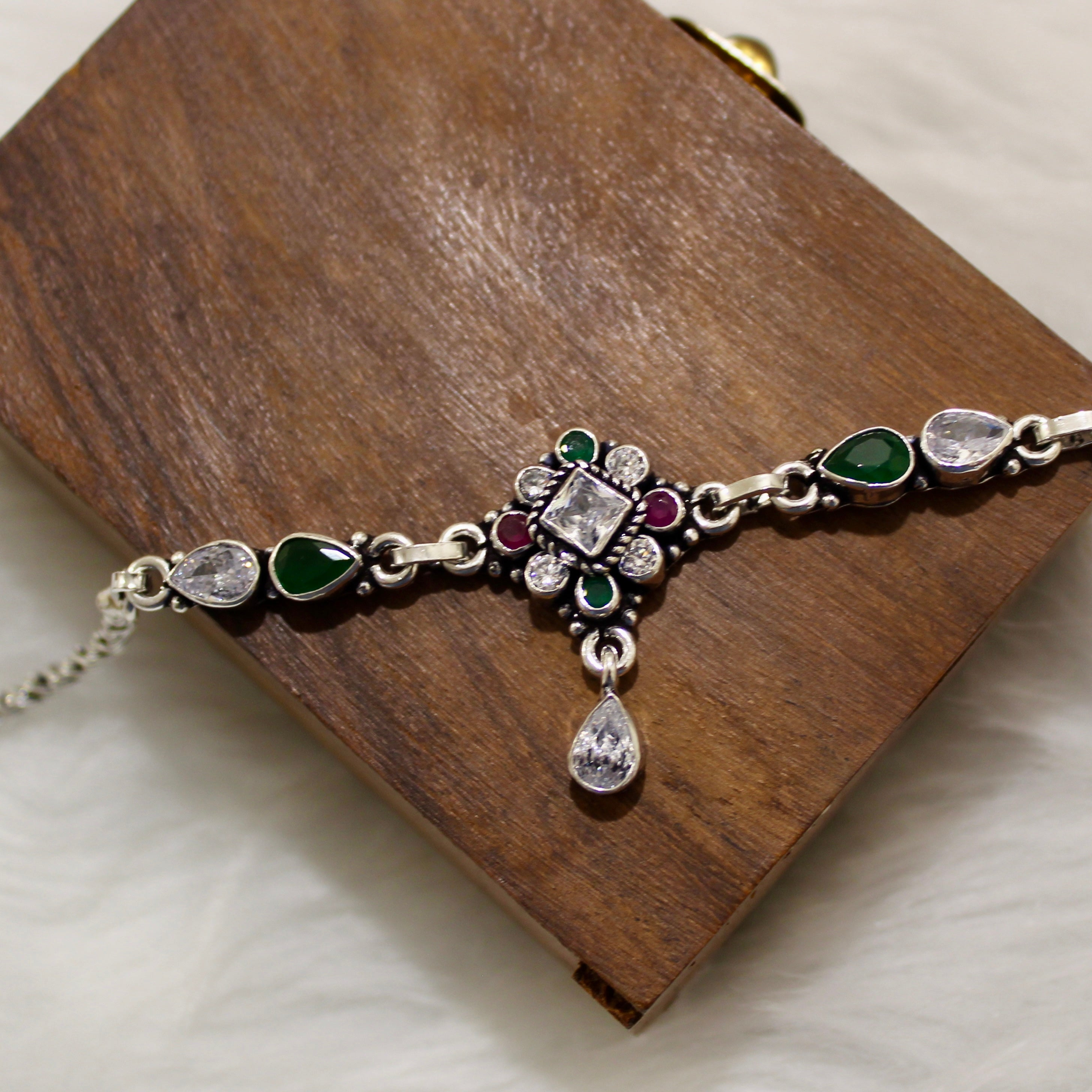 Emerald & Zircon Stones Designer Oxidised Anklet in 925 Silver