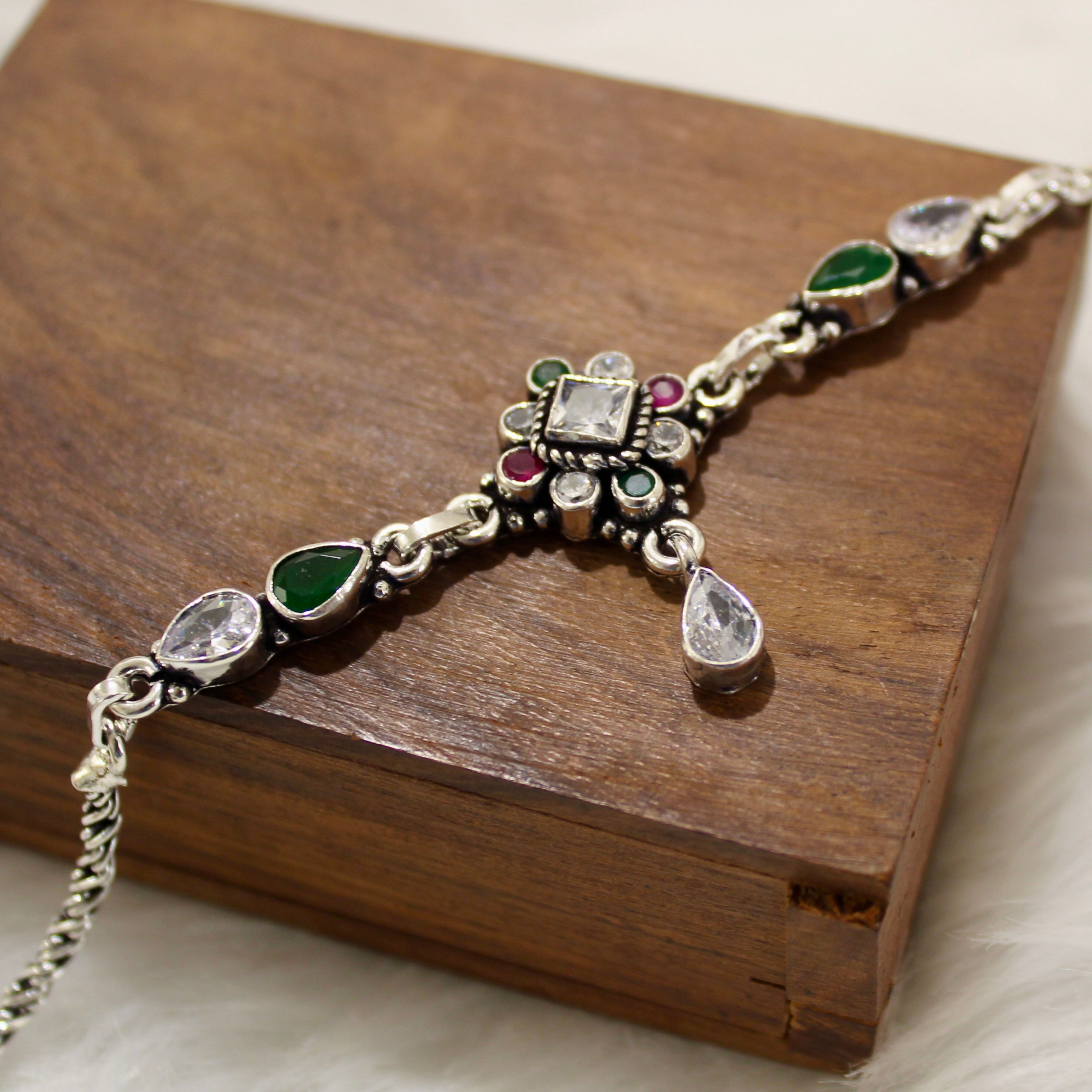 Emerald & Zircon Stones Designer Oxidised Anklet in 925 Silver