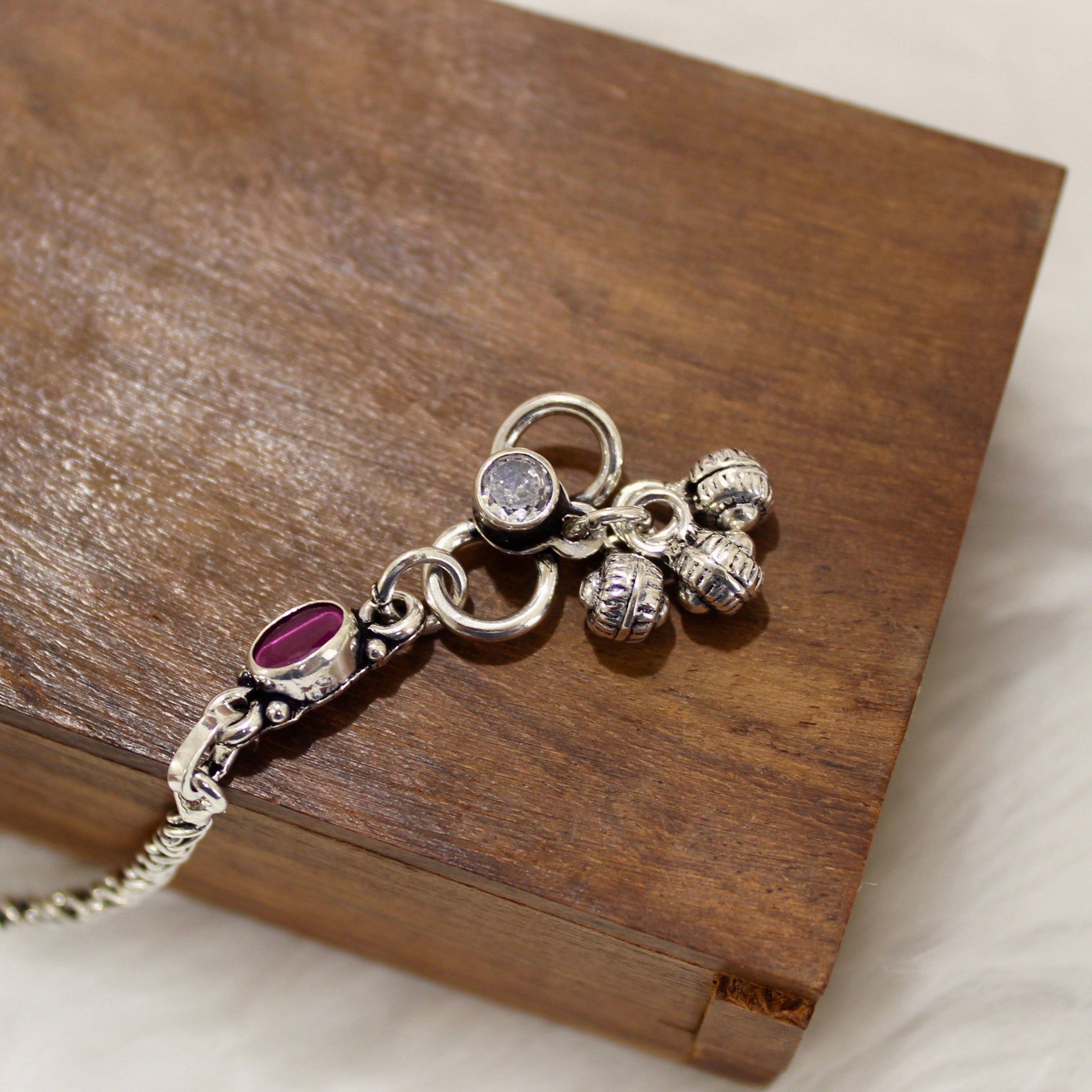 Emerald & Zircon Stones Designer Oxidised Anklet in 925 Silver