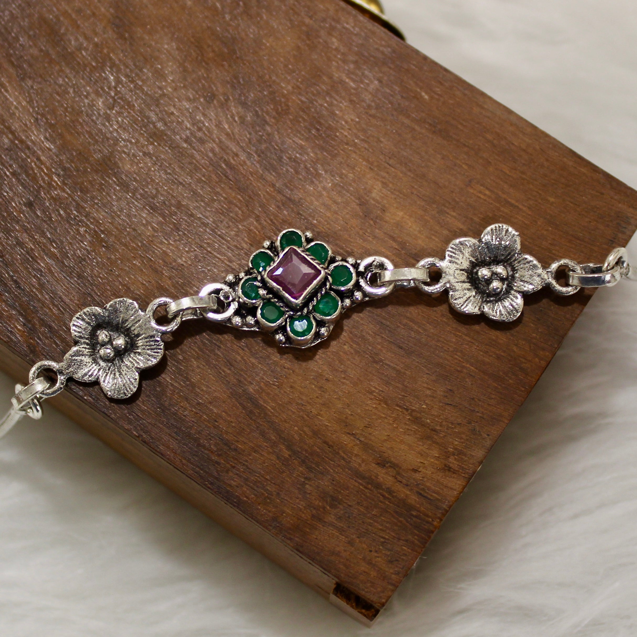 Ruby & Emerald Stones Flowers Oxidised Anklet in 925 Silver