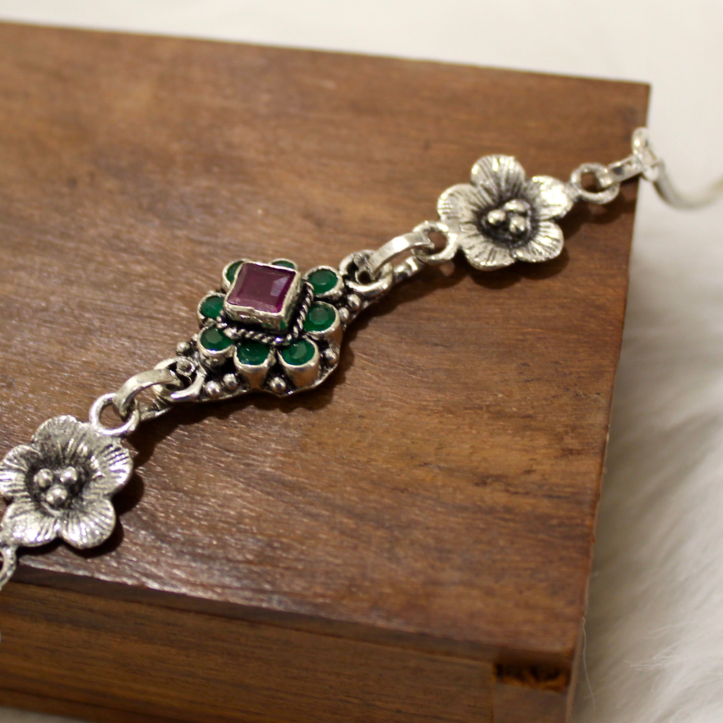 Ruby & Emerald Stones Flowers Oxidised Anklet in 925 Silver
