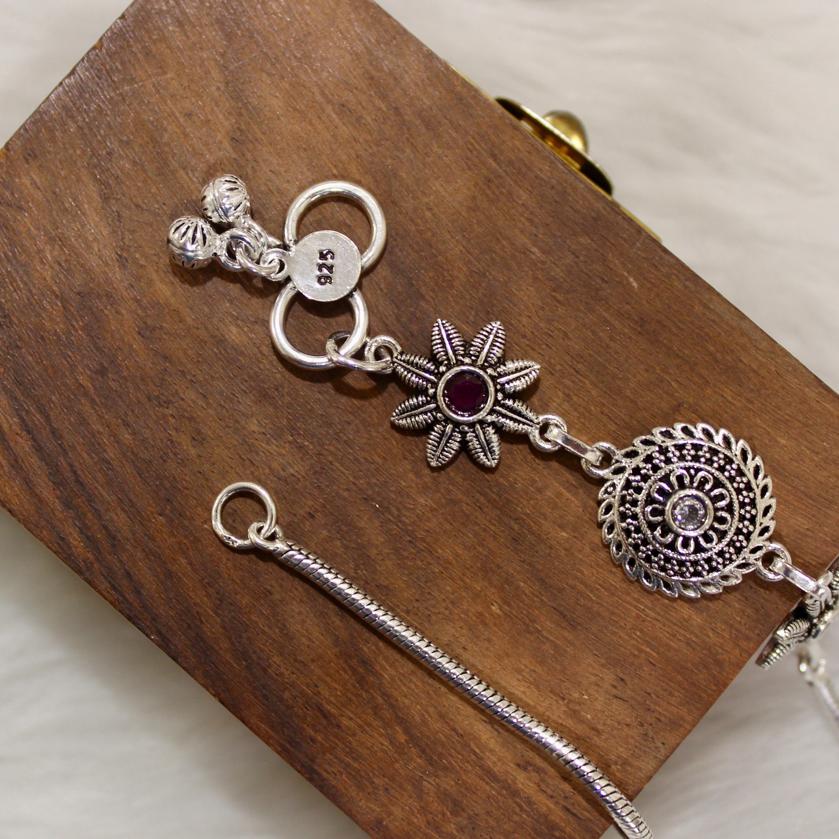 Ruby & Zircon Stones Flowers Designer Oxidised Anklet in 925 Silver