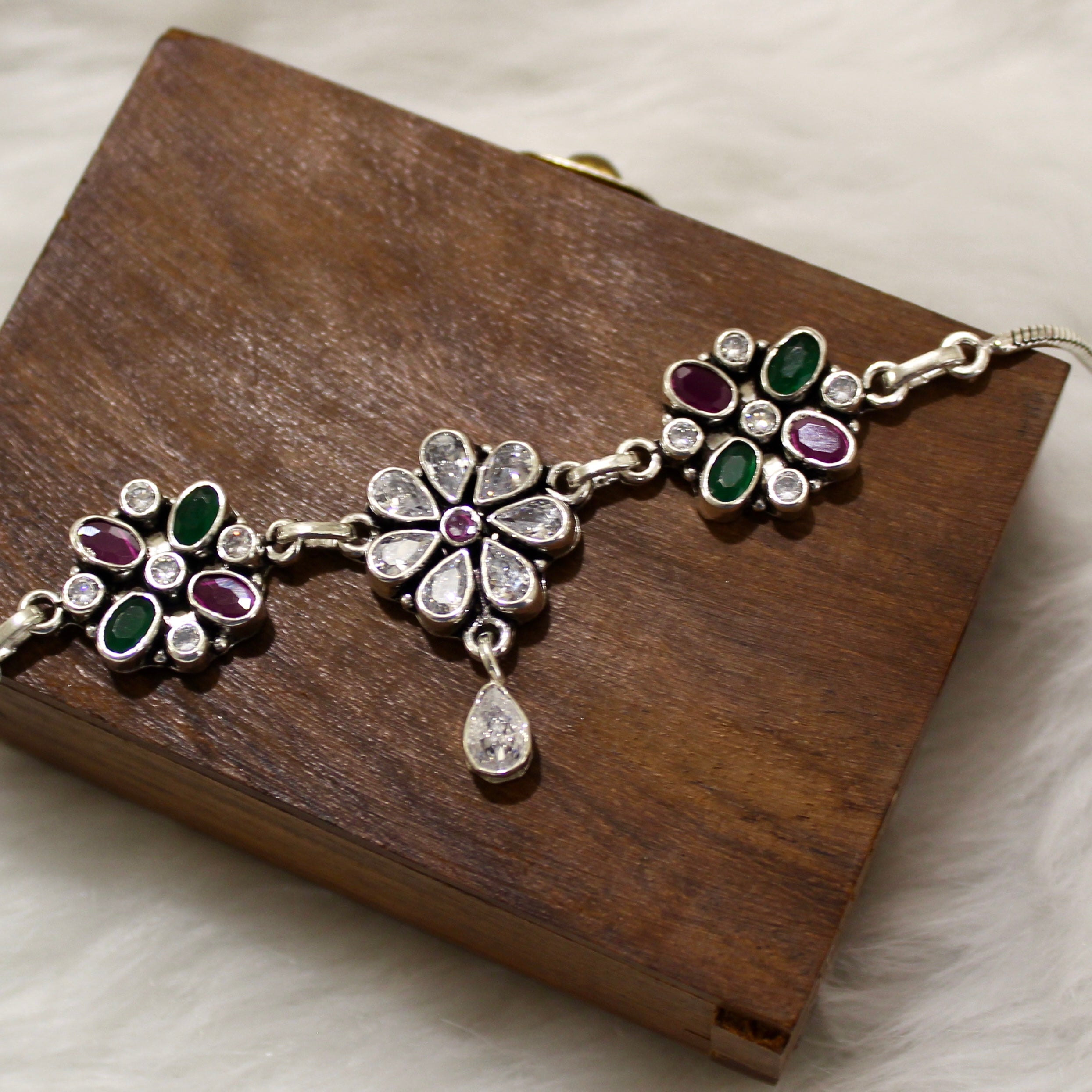 Multi-stones Flowers Heavy Designer Oxidised Anklet in 925 Silver
