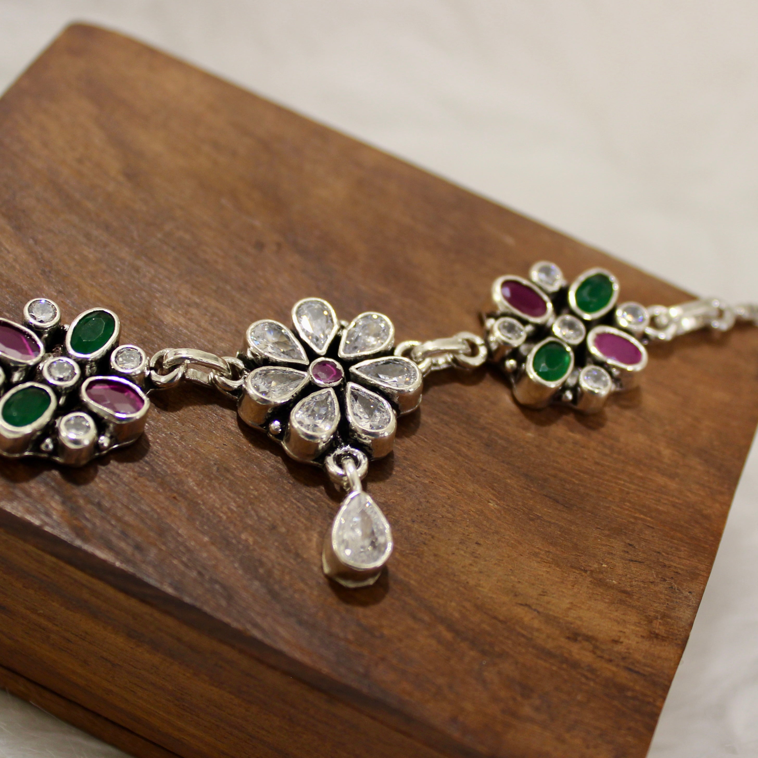 Multi-stones Flowers Heavy Designer Oxidised Anklet in 925 Silver