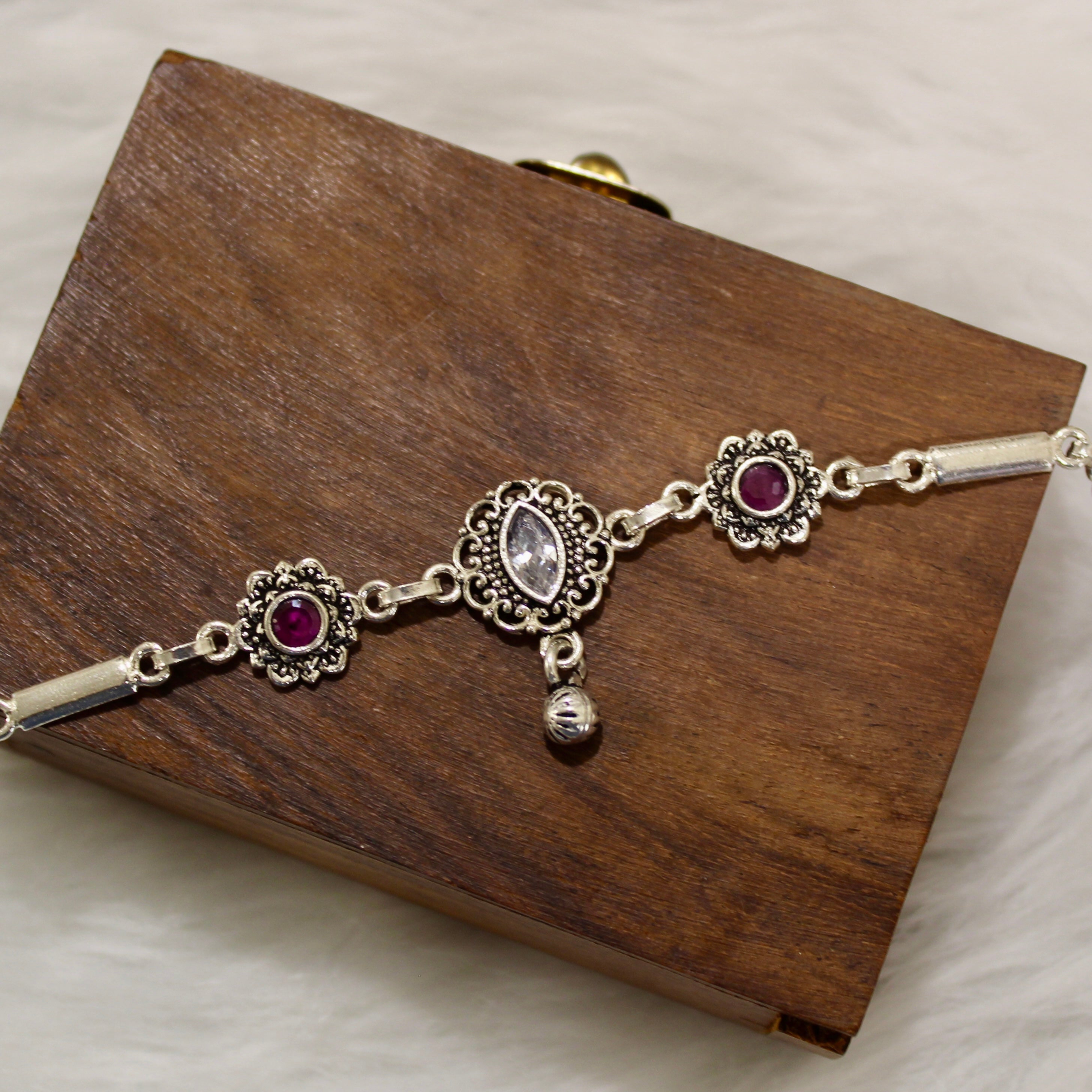 Ruby & Zircon Stones Oval Oxidised Anklet in 925 Silver