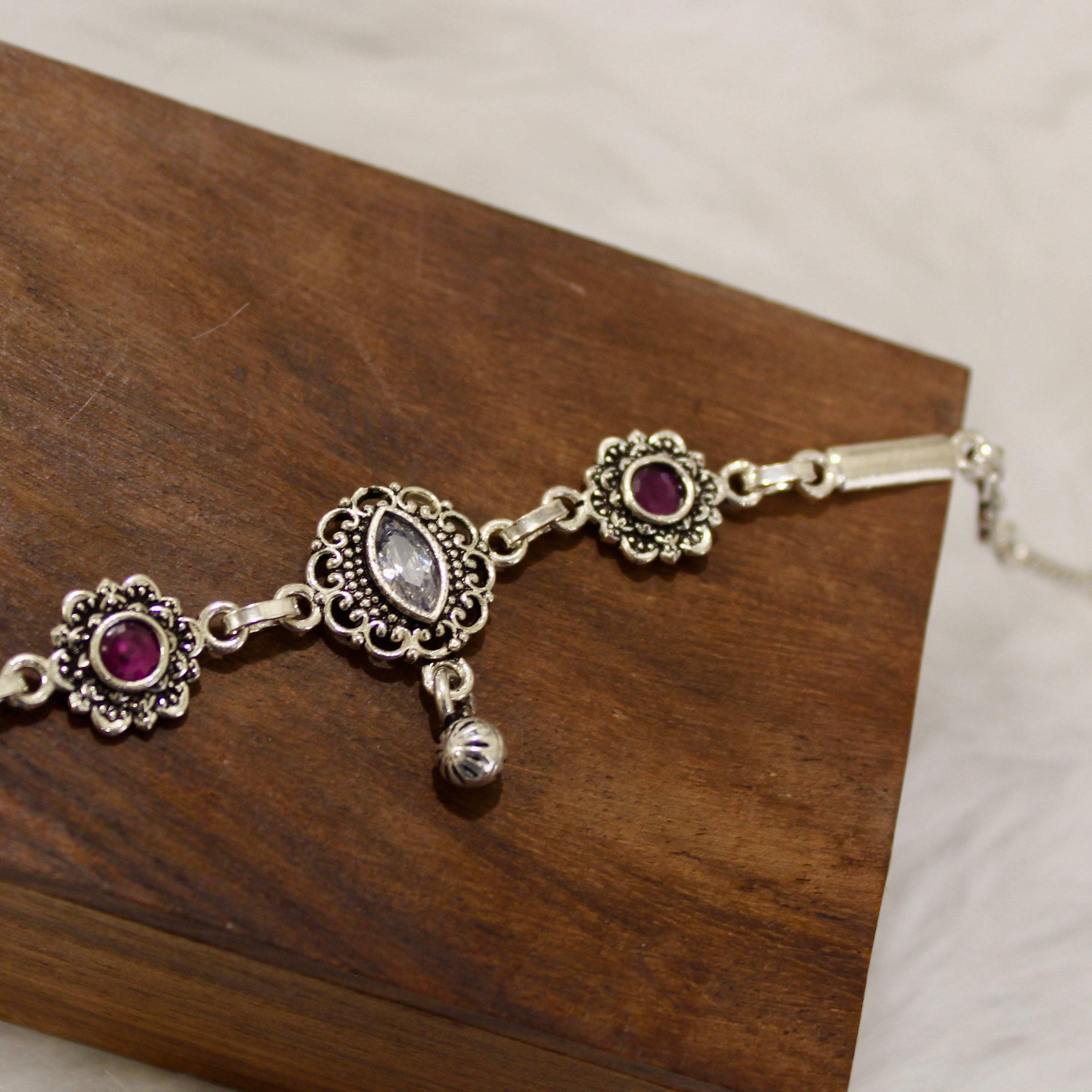 Ruby & Zircon Stones Oval Oxidised Anklet in 925 Silver