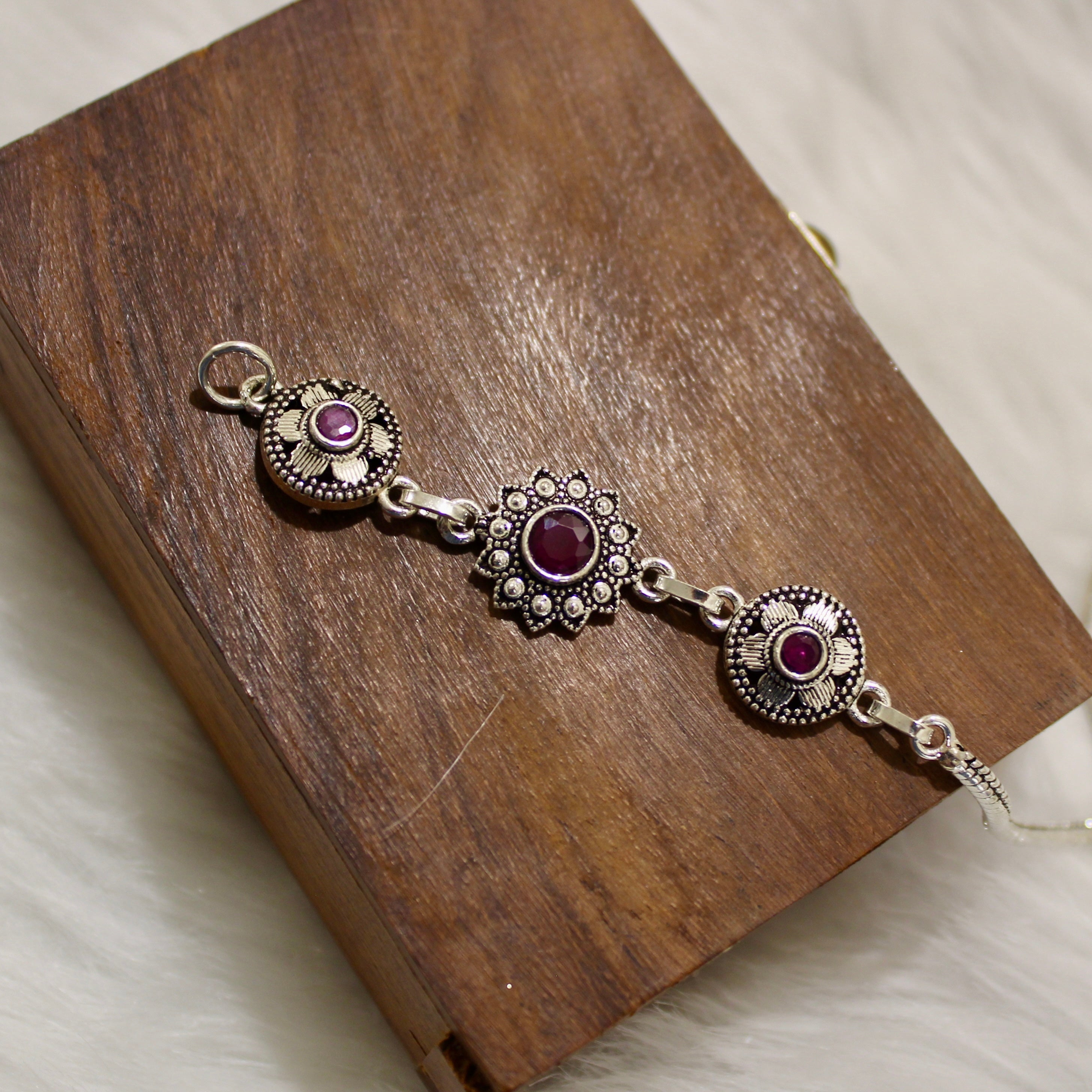 Ruby Stones Flowers Oxidised Anklet in 925 Silver- Single piece