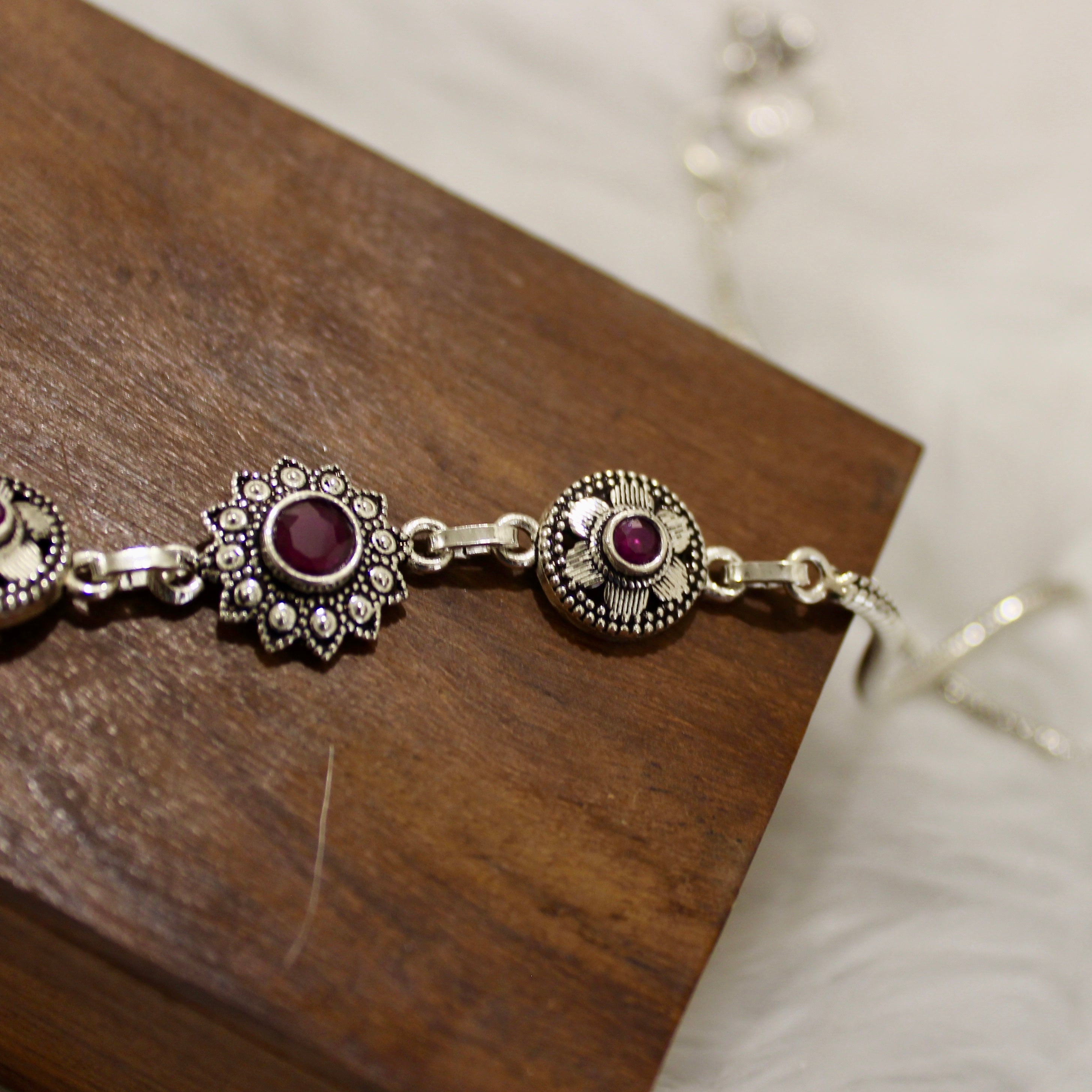 Ruby Stones Flowers Oxidised Anklet in 925 Silver- Single piece