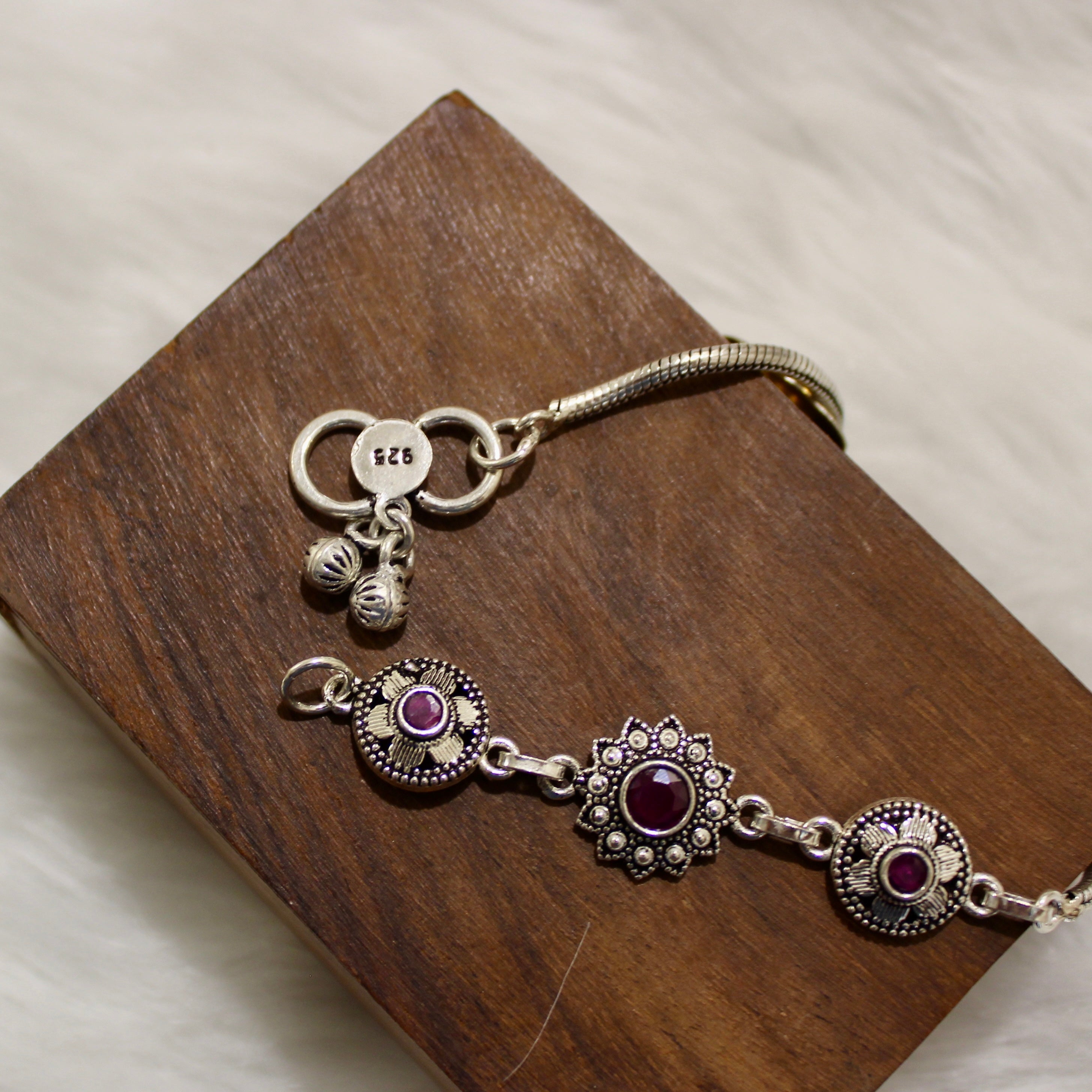 Ruby Stones Flowers Oxidised Anklet in 925 Silver- Single piece