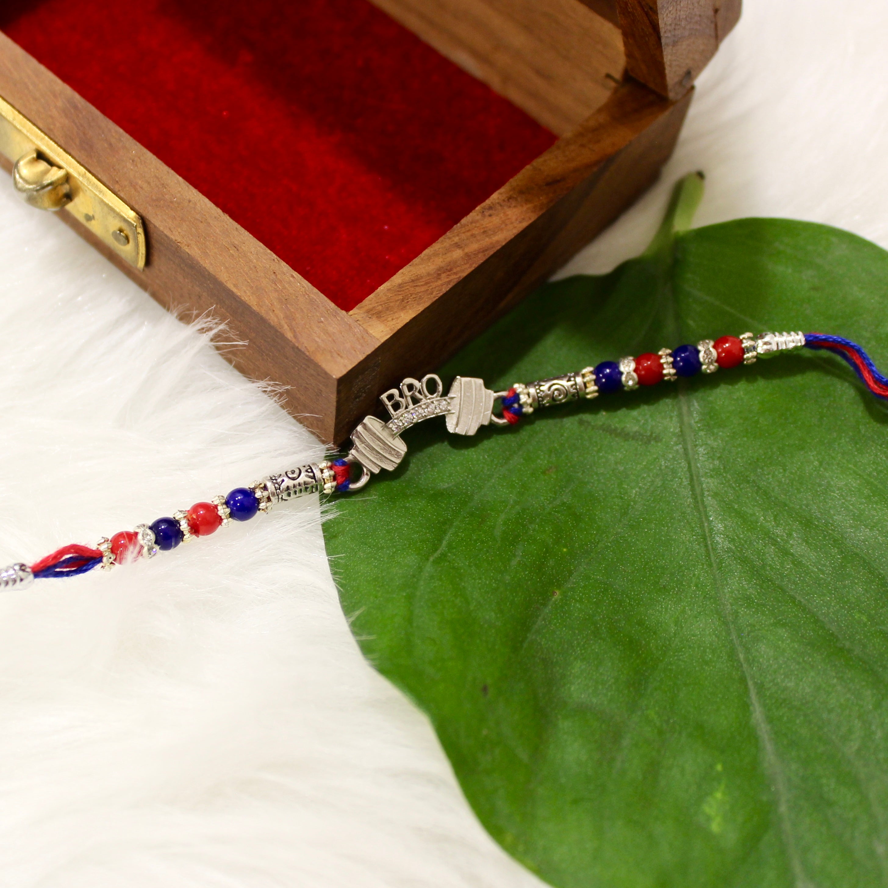 Bro With Dumbell Silver Red Blue Thread Rakhi In 925 Silver