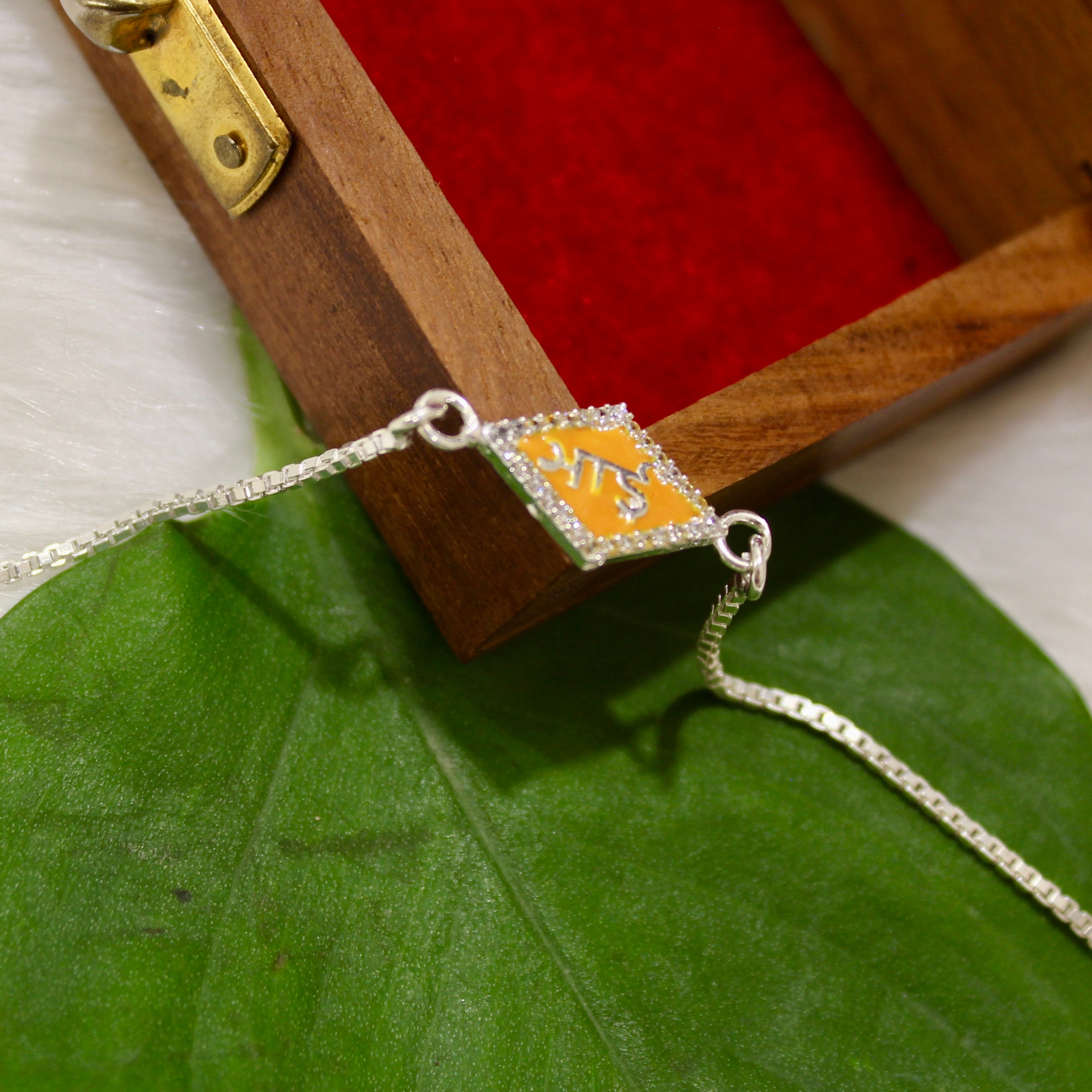 Bhai In Orange Cube Chained Rakhi In 925 Silver