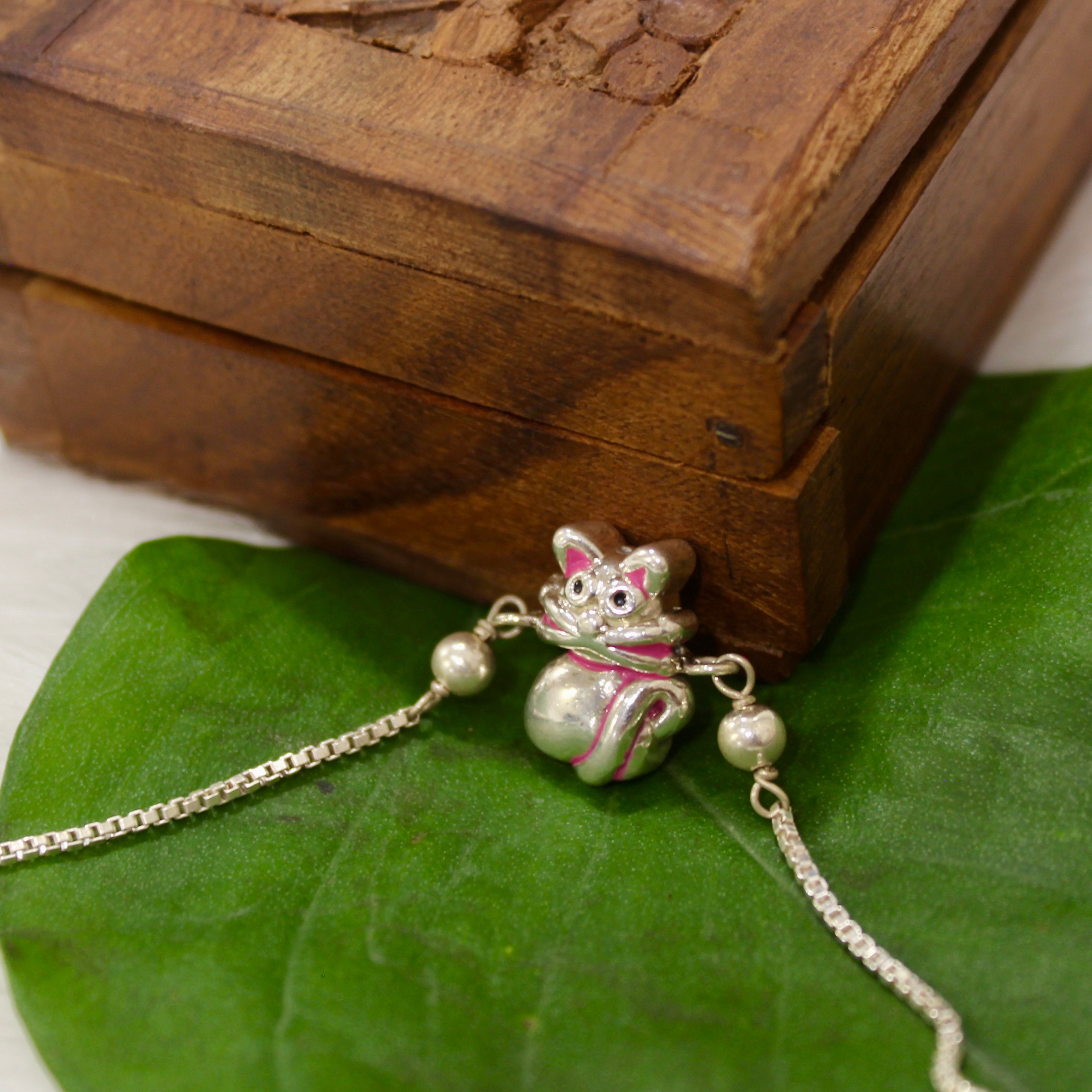 Pink Cat Chained Kids' Rakhi In 925 Silver