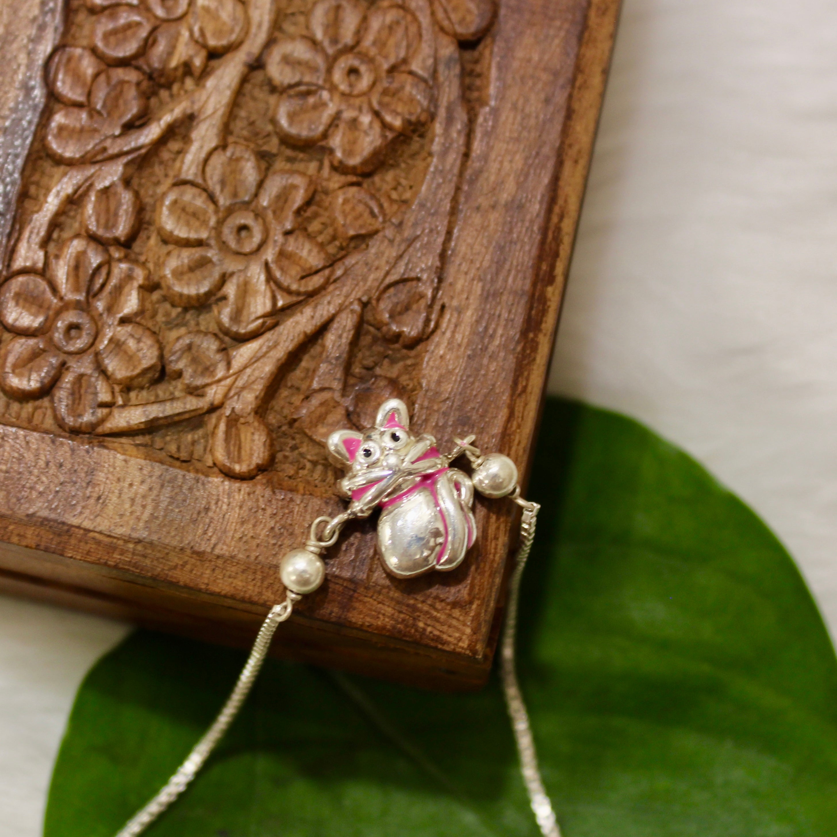 Pink Cat Chained Kids' Rakhi In 925 Silver