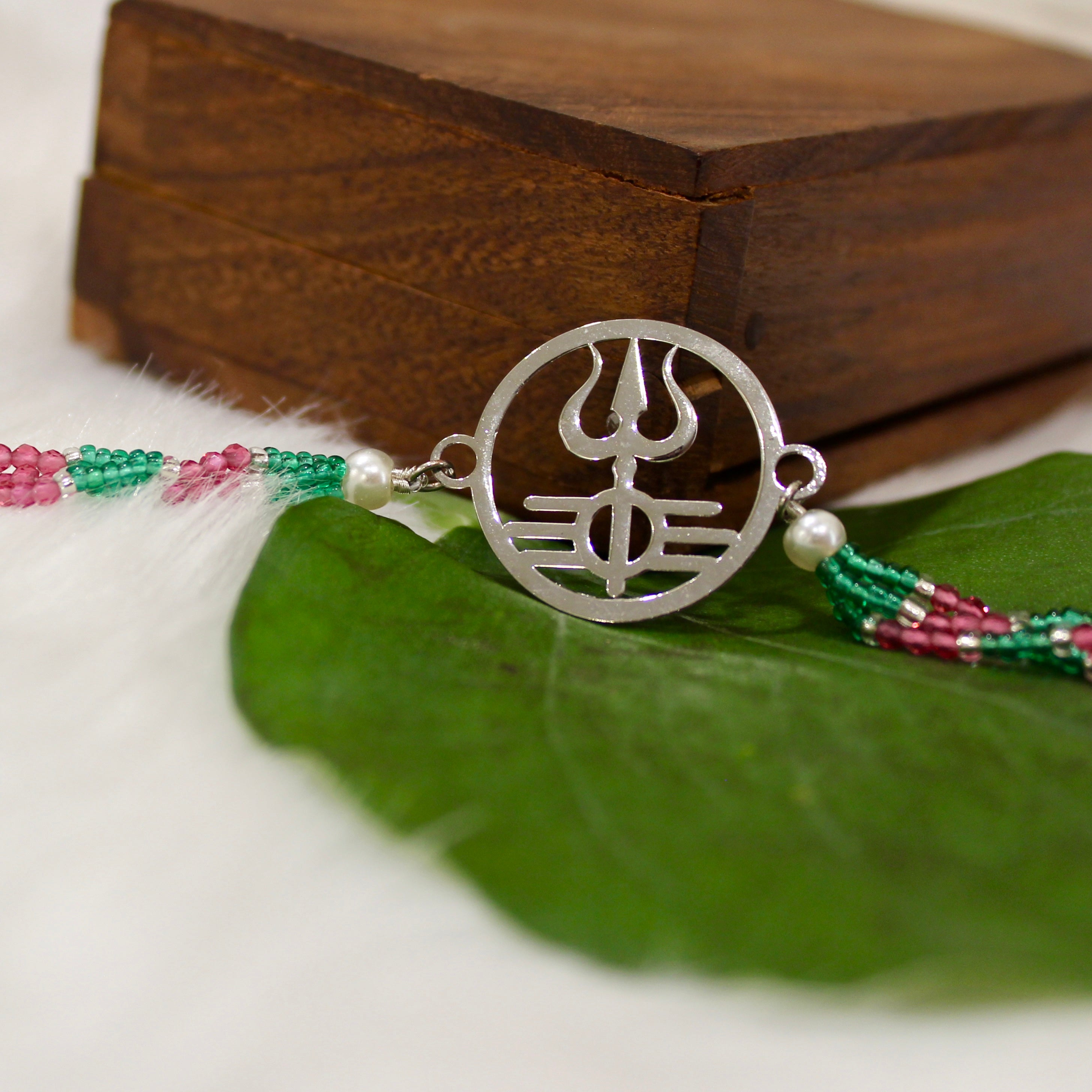 Trishul in Circle Pink Thread and Pyari Bhabhi Pink Thread Rakhi in 925 Silver