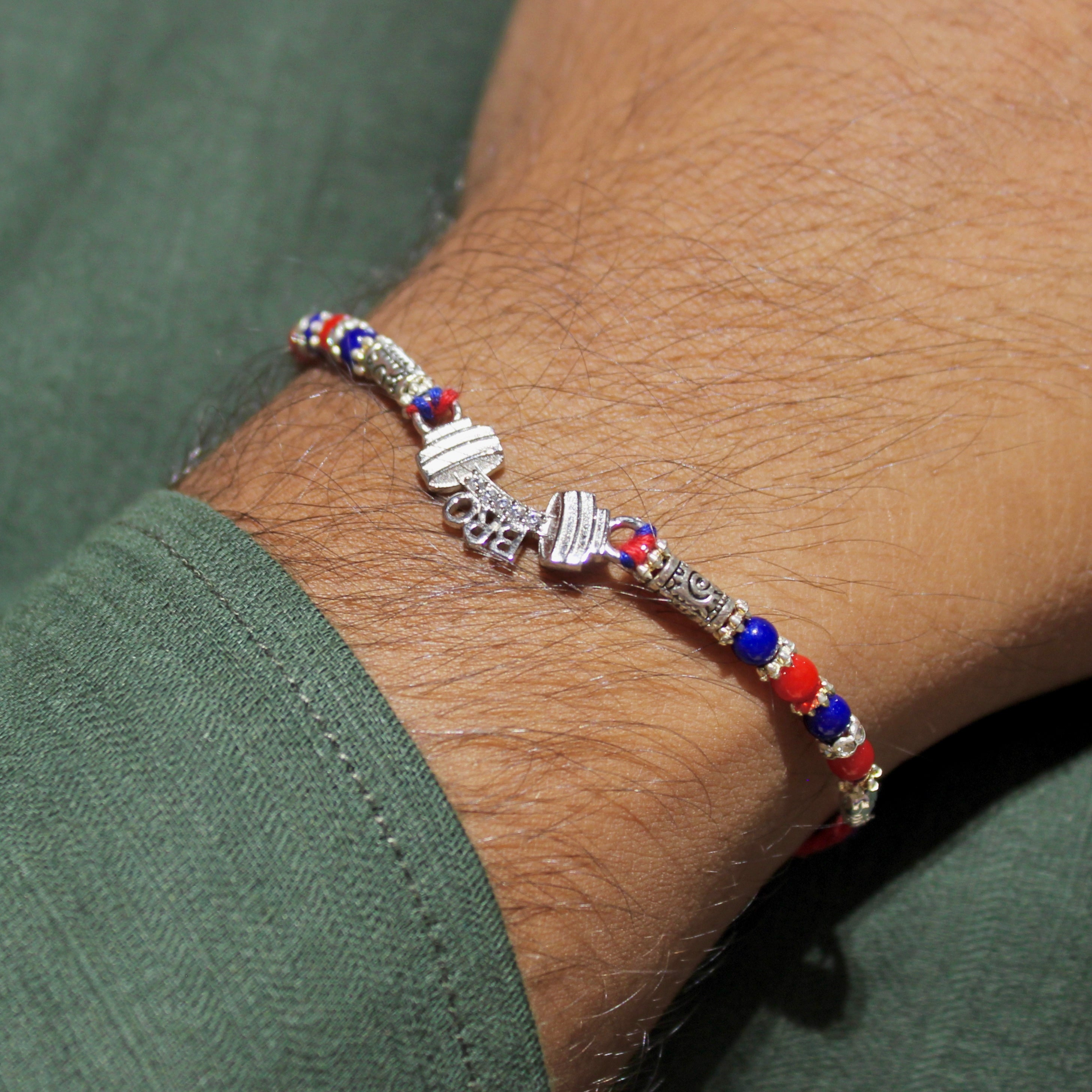 Bro With Dumbell Silver Red Blue Thread Rakhi In 925 Silver