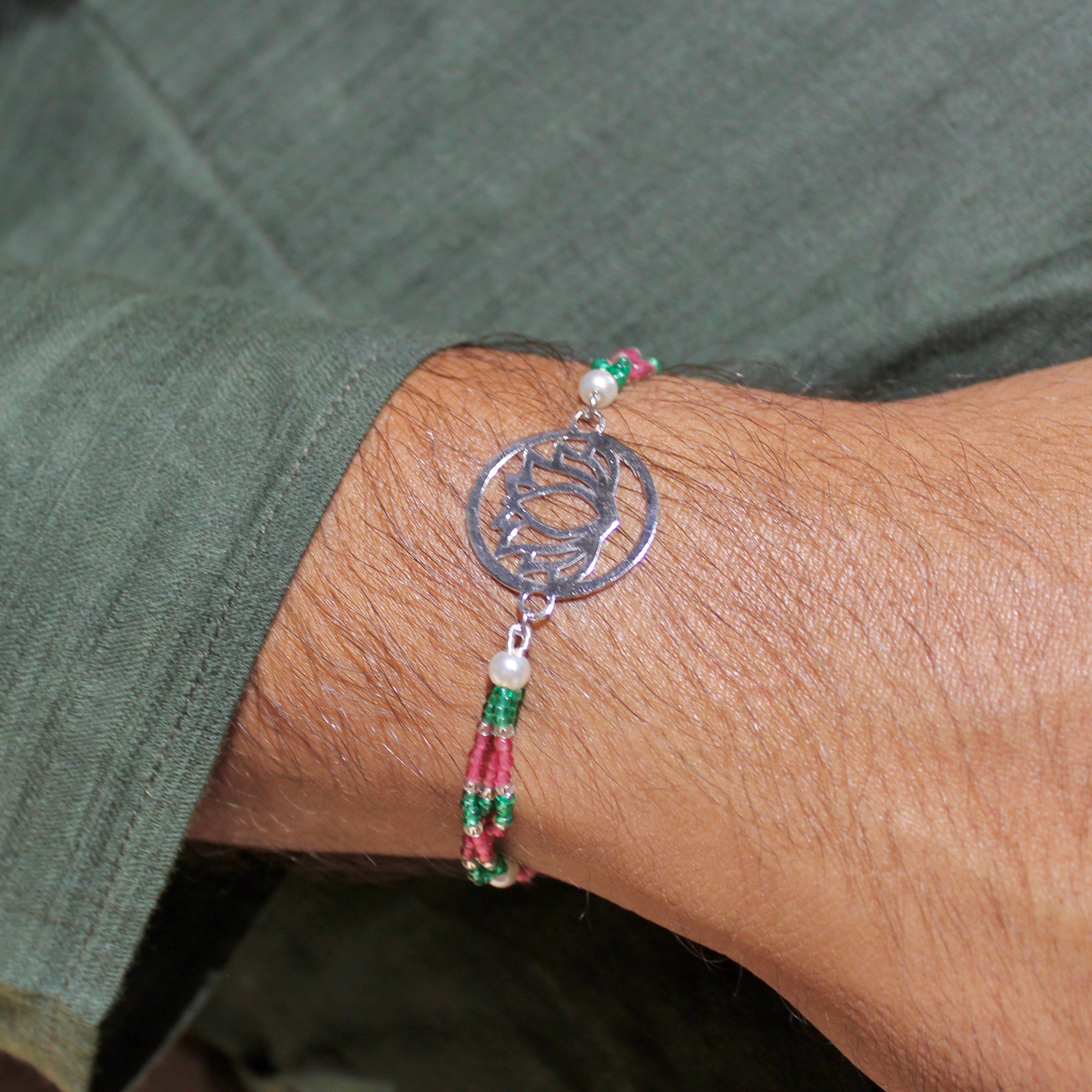 Lotus In Silver Polish Pink Thread Rakhi In 925 Silver