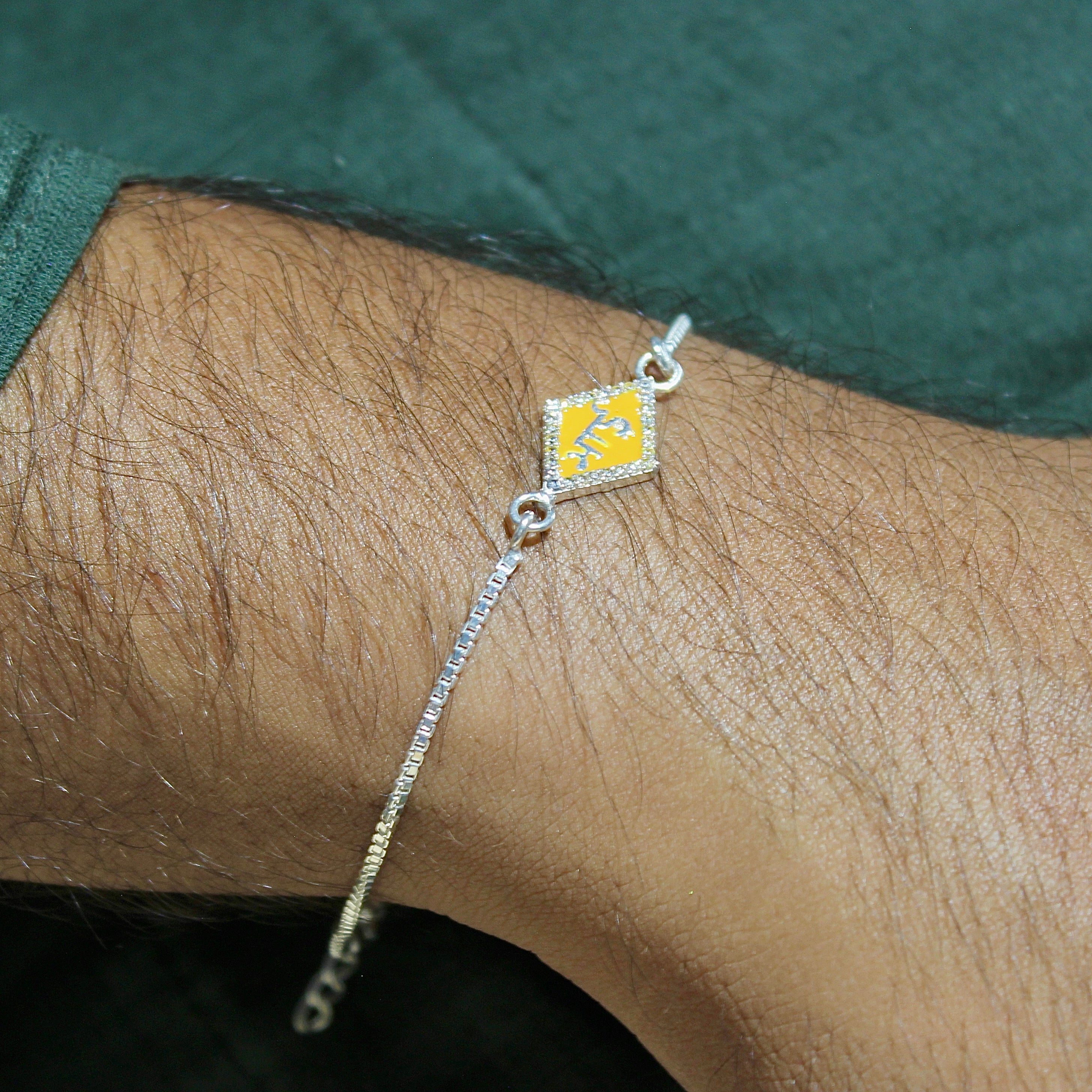 Bhai In Orange Cube Chained Rakhi In 925 Silver