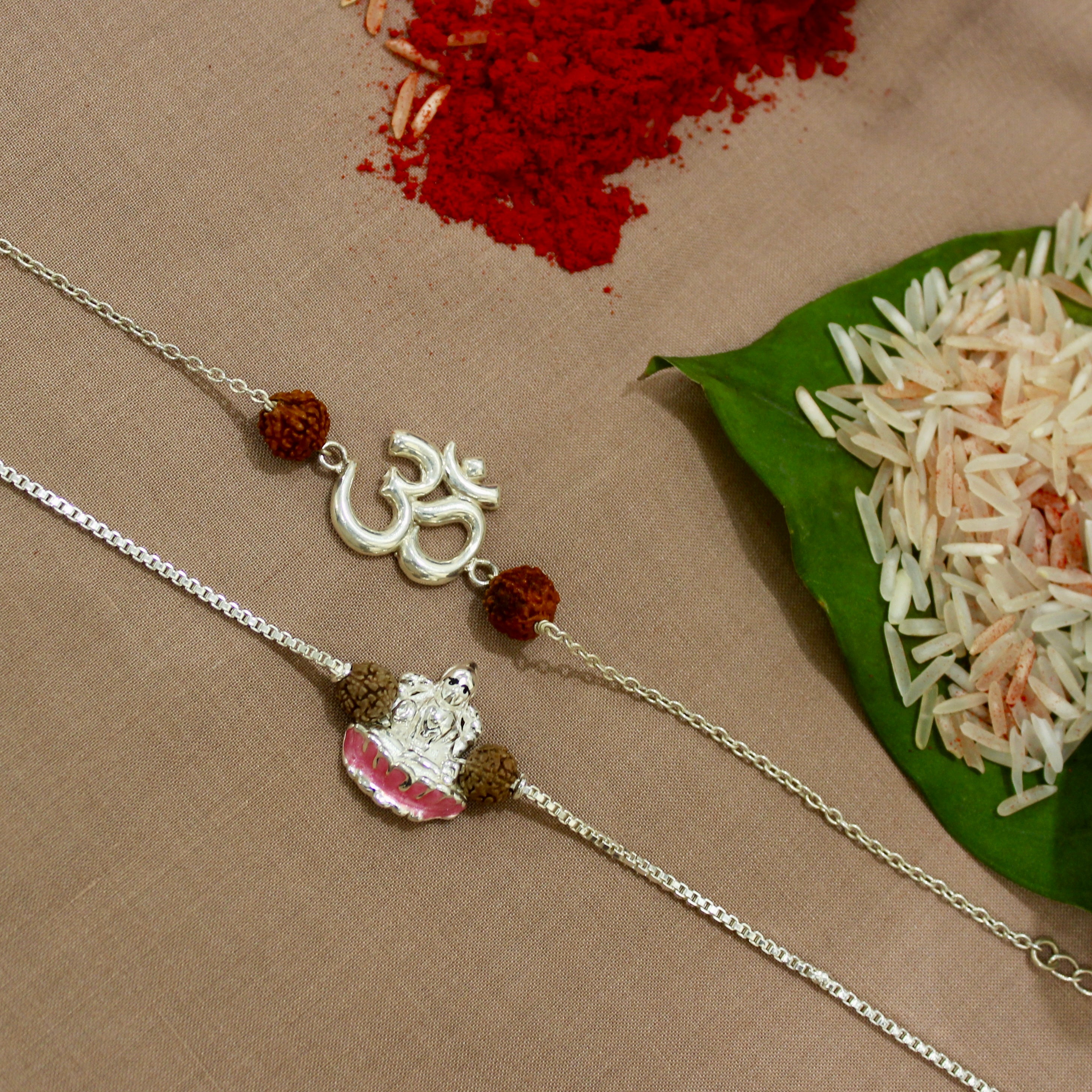 Big Om Rudraksha and Laxmi ji Rudraksha Chained Rakhi in 925 Silver