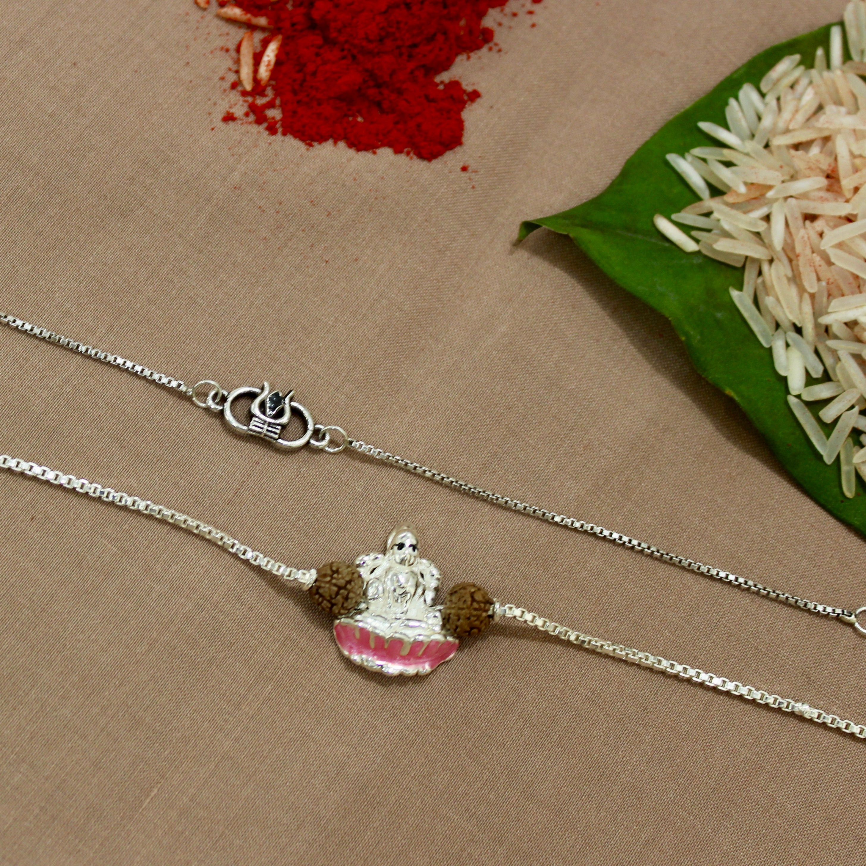 Trishul Mini Charm and Laxmi ji Rudraksha Chained Rakhi in 925 Silver