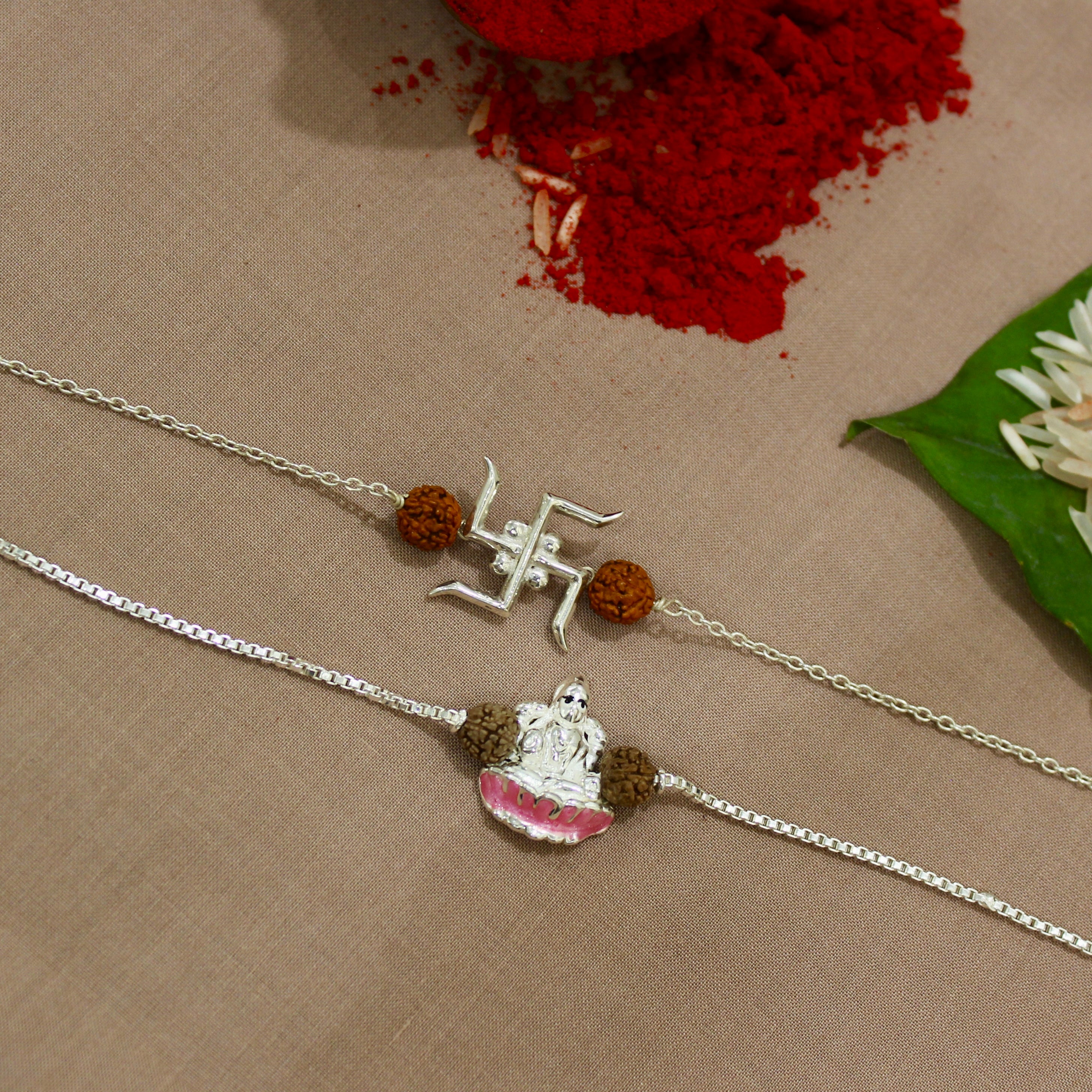Satiya With Rudraksha and Laxmi ji Rudraksha Chained Rakhi in 925 Silver