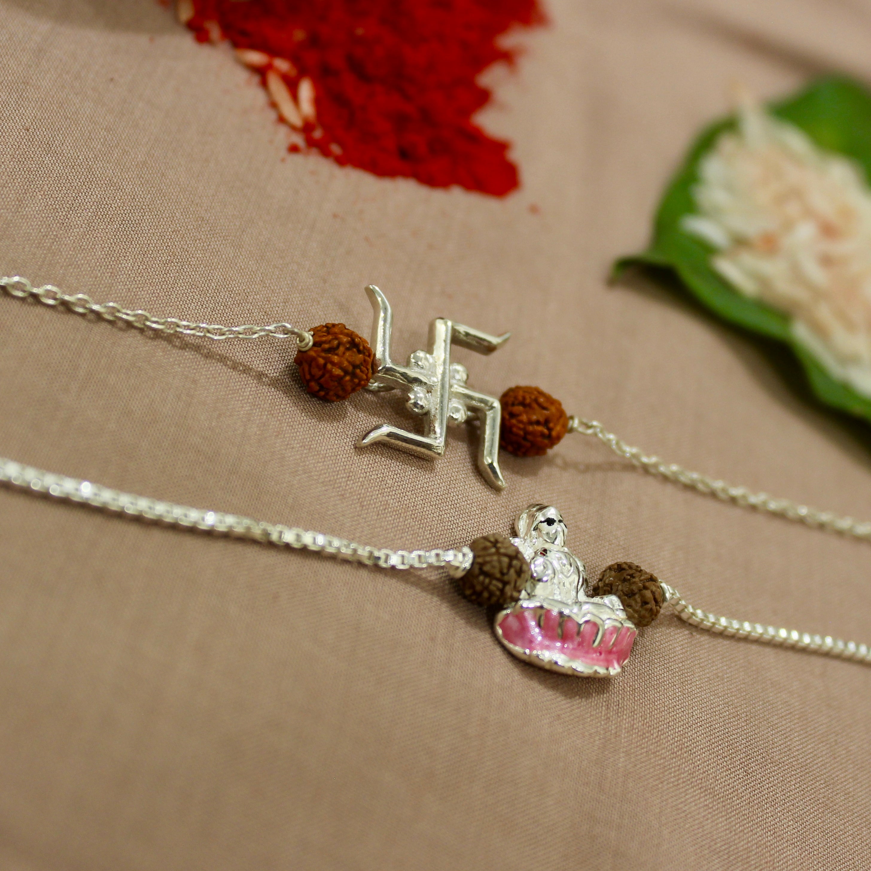 Satiya With Rudraksha and Laxmi ji Rudraksha Chained Rakhi in 925 Silver