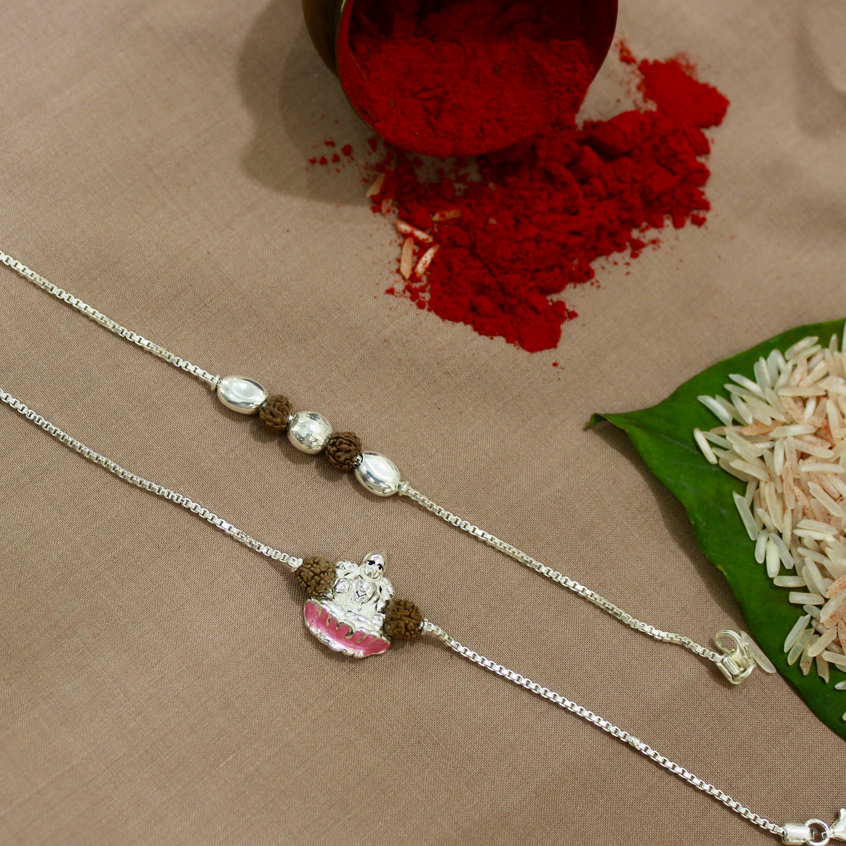 2 Rudraksha, 3 SILVER BEADS and Laxmi ji Rudraksha Chained Rakhi in 925 silver