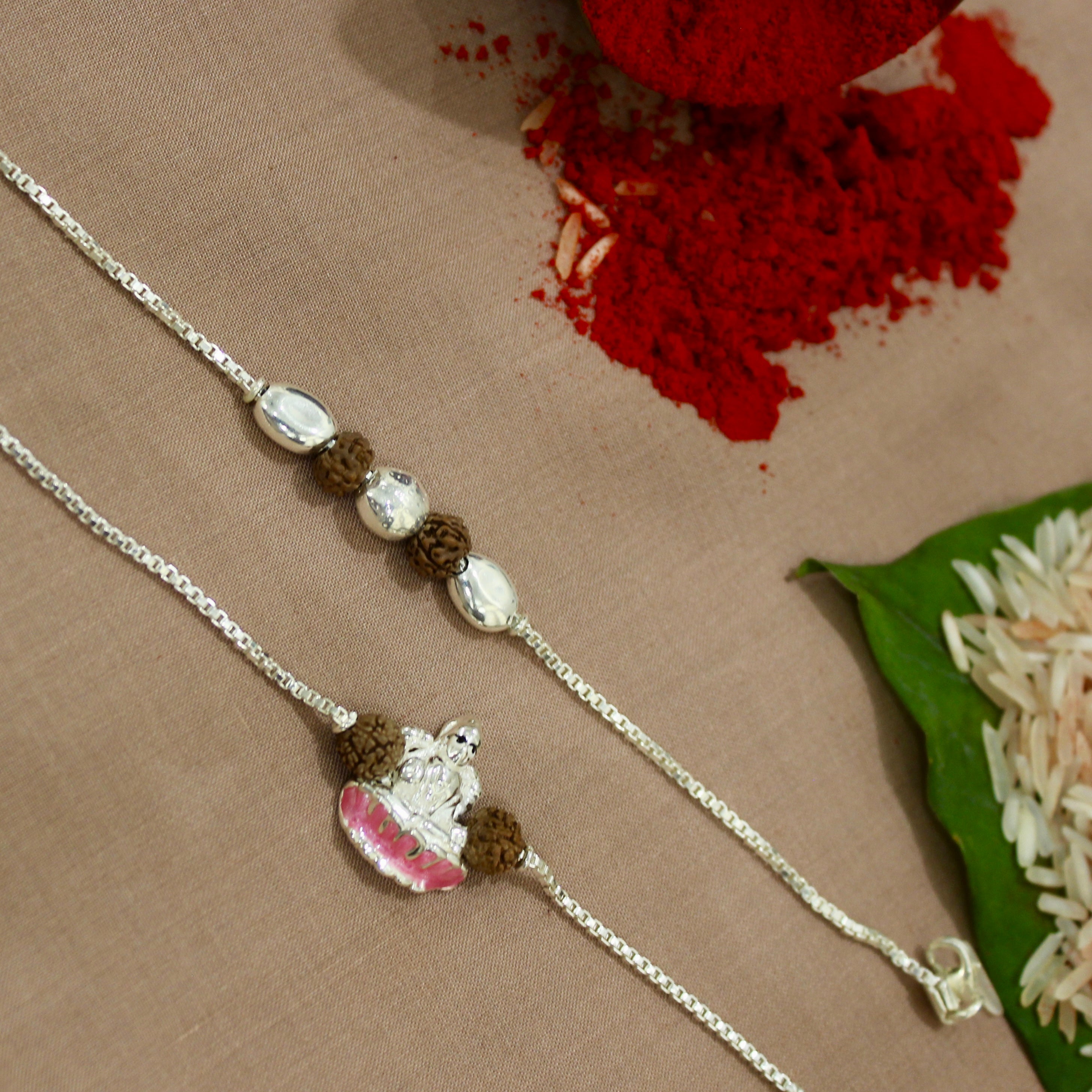 2 Rudraksha, 3 SILVER BEADS and Laxmi ji Rudraksha Chained Rakhi in 925 silver