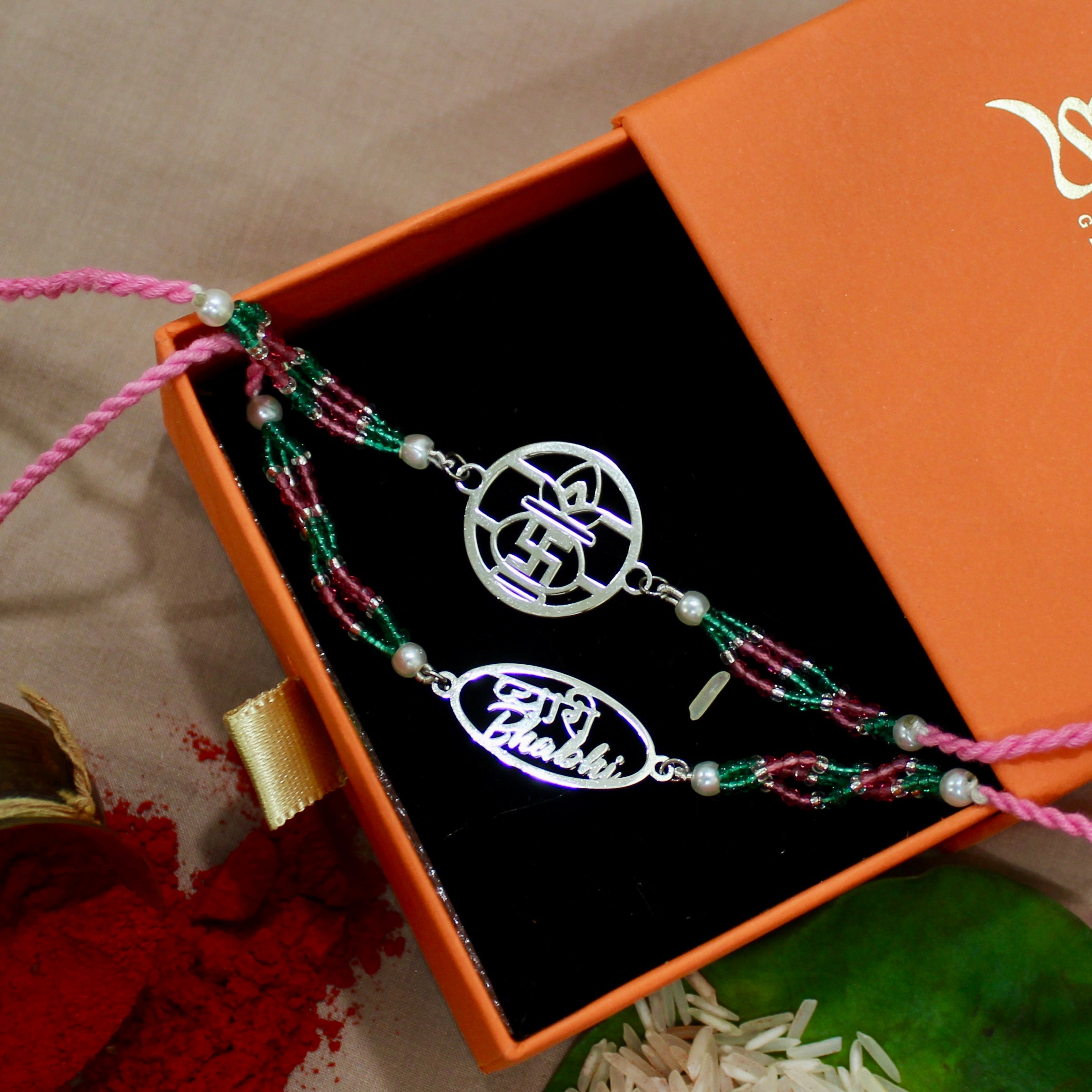 Satiya with Kalash Pink Thread and Pyari Bhabhi Pink Thread Rakhi in 925 Silver