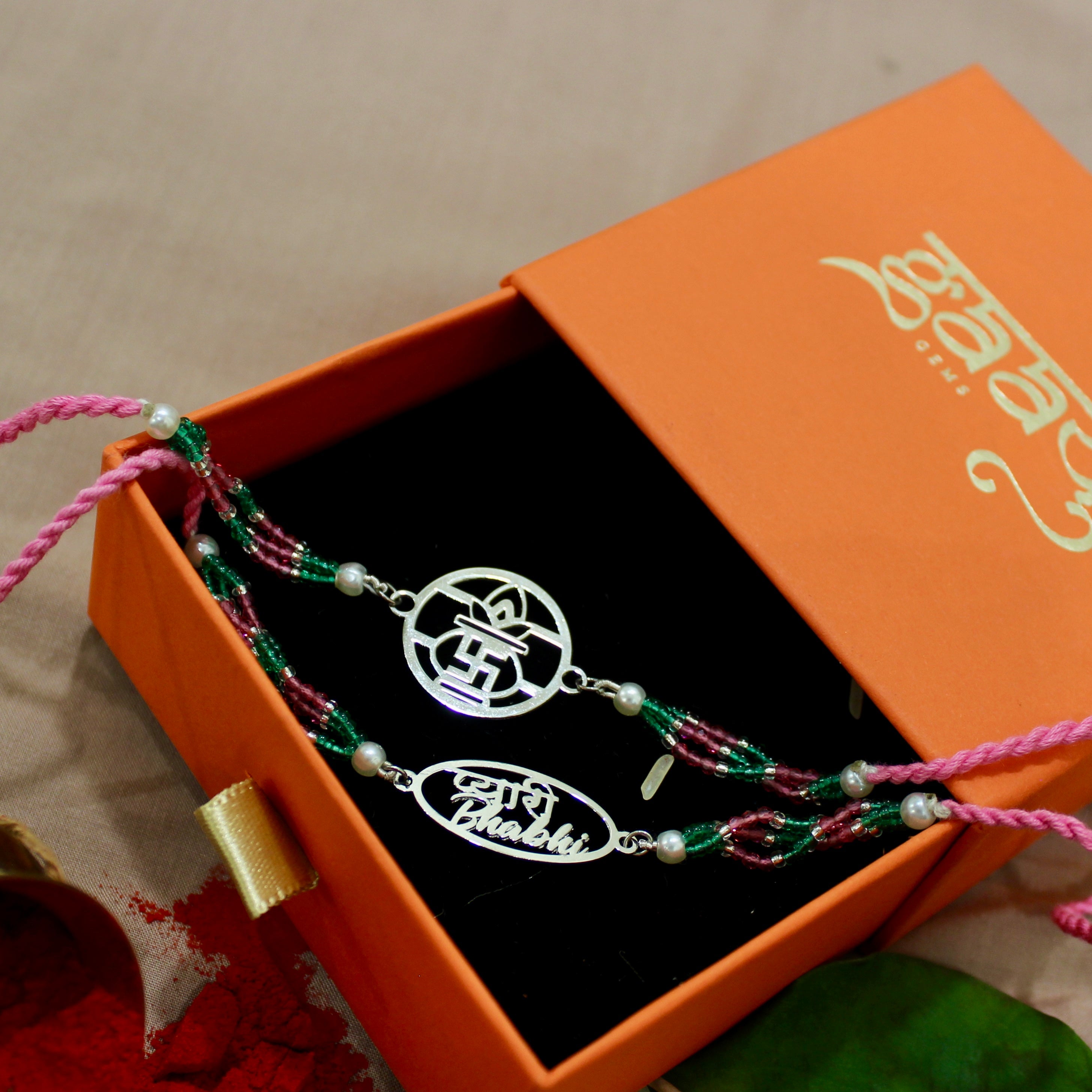 Satiya with Kalash Pink Thread and Pyari Bhabhi Pink Thread Rakhi in 925 Silver