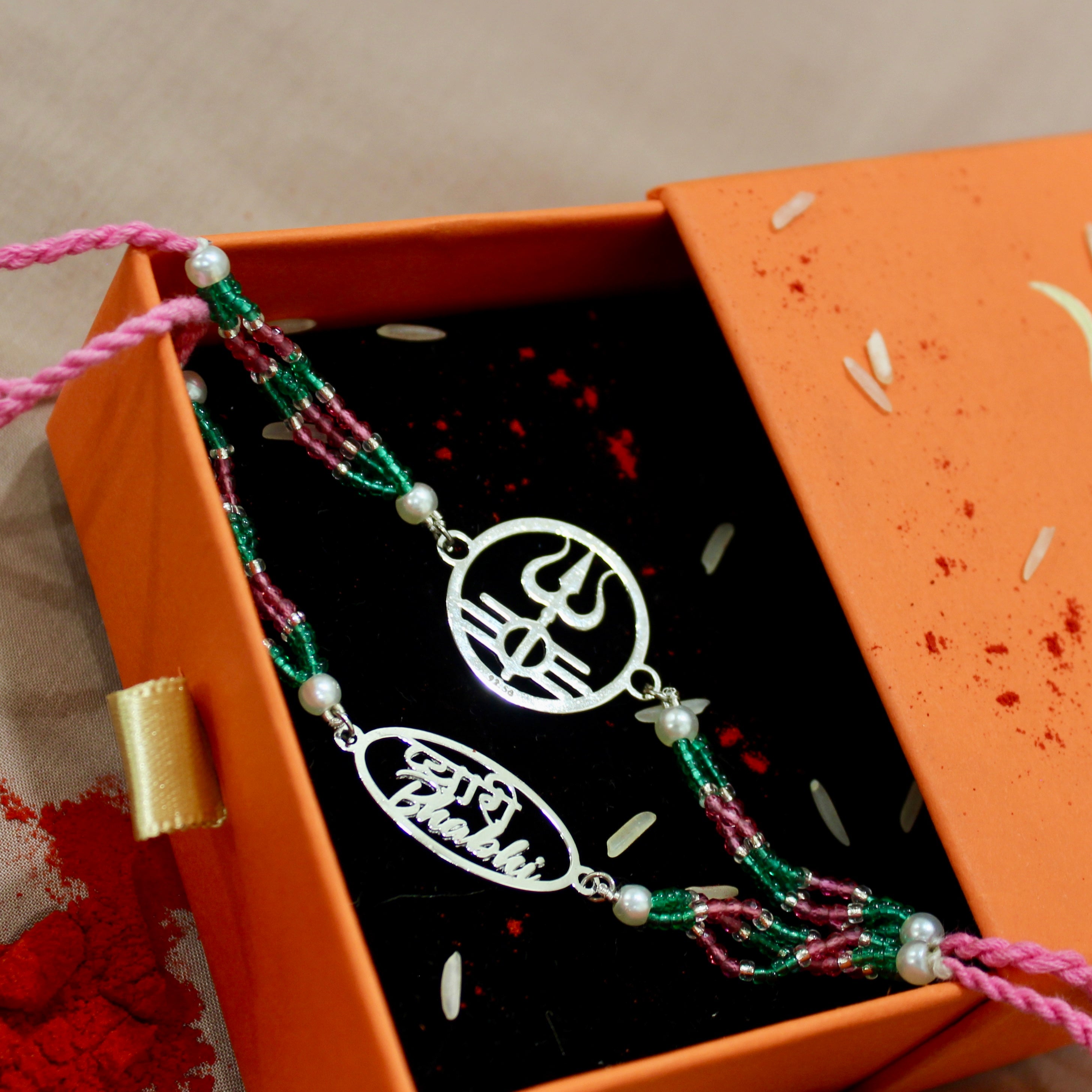 Trishul in Circle Pink Thread and Pyari Bhabhi Pink Thread Rakhi in 925 Silver