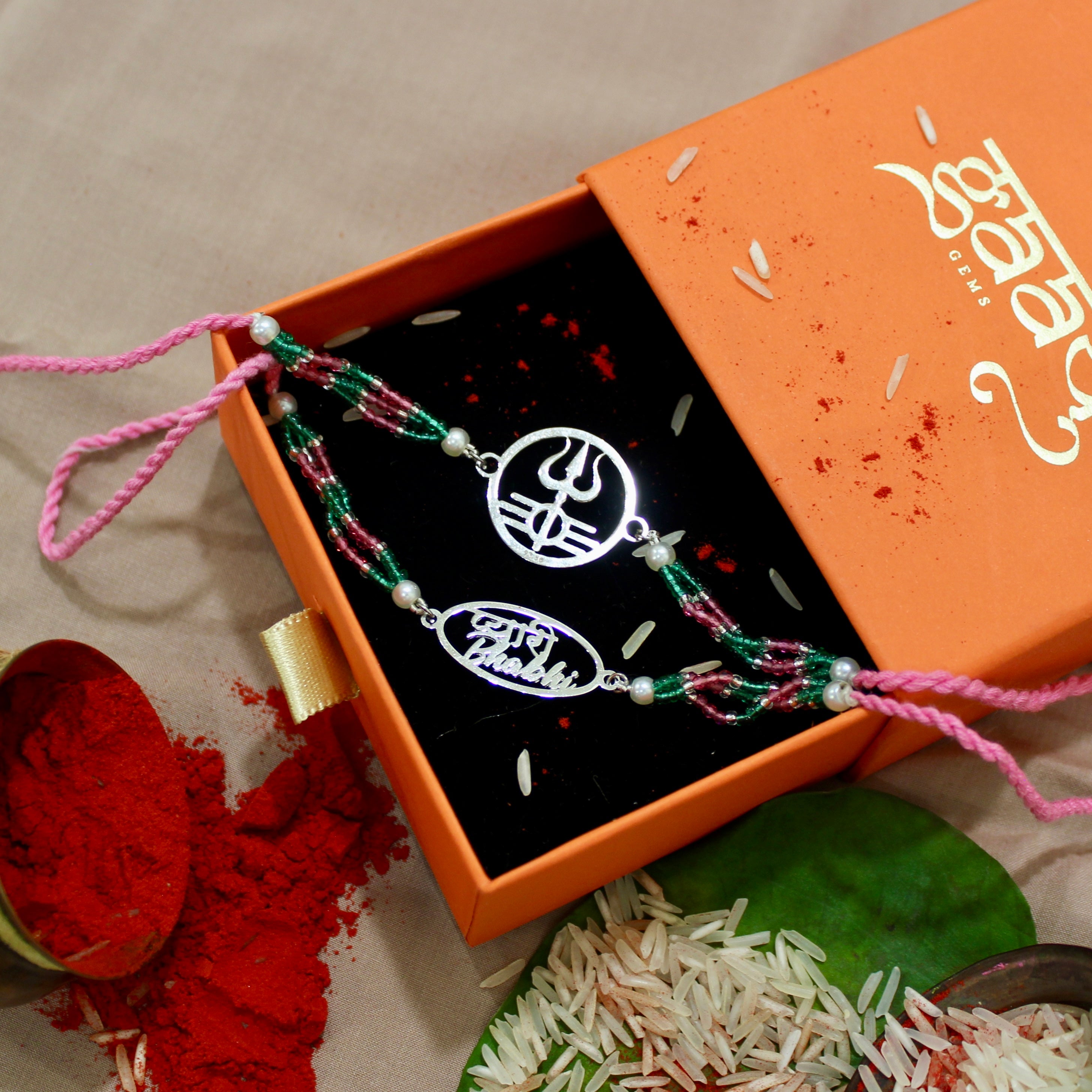 Trishul in Circle Pink Thread and Pyari Bhabhi Pink Thread Rakhi in 925 Silver