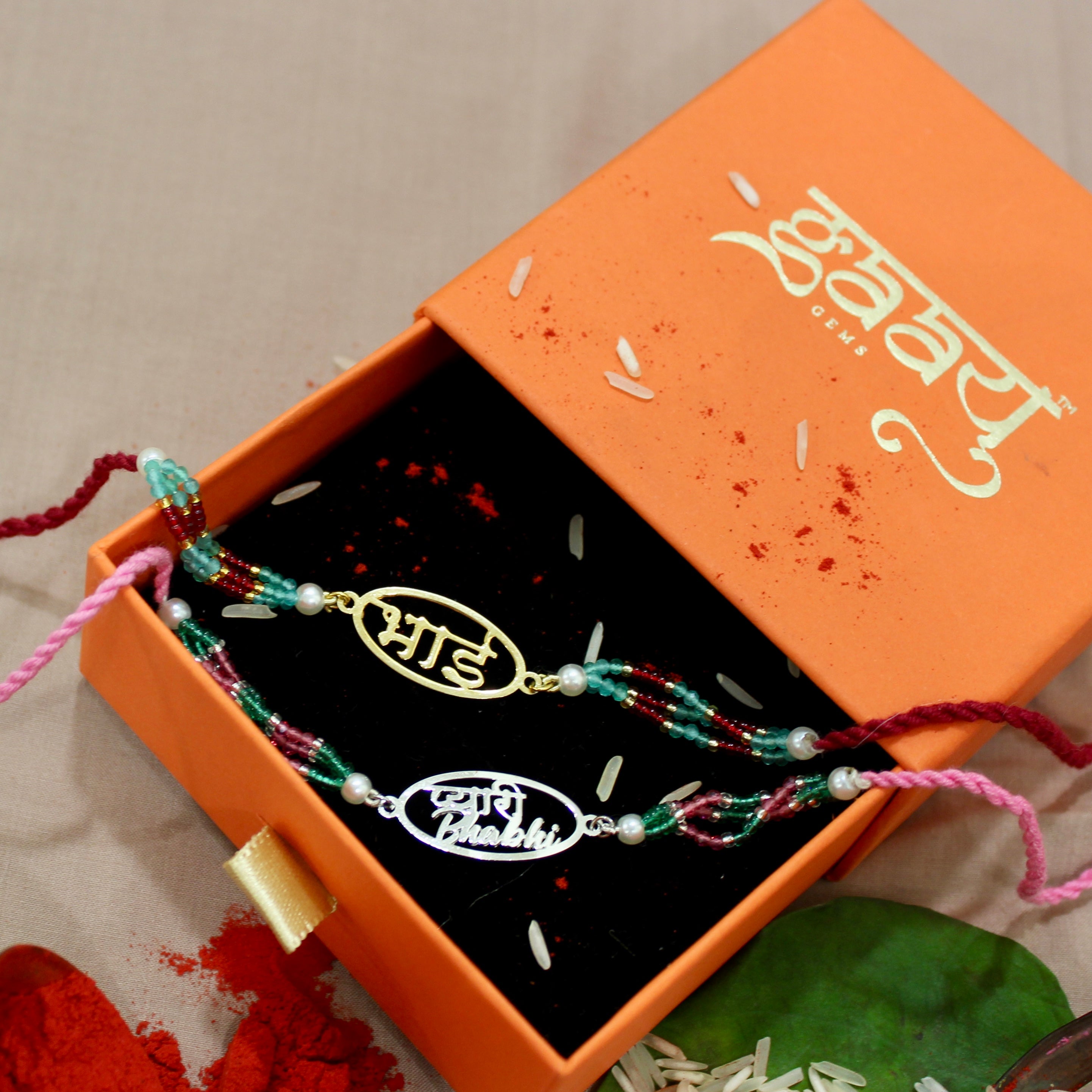 Bhai in Circle Gold Polish Maroon Thread and Pyari Bhabhi Pink Thread Rakhi in 925 Silver