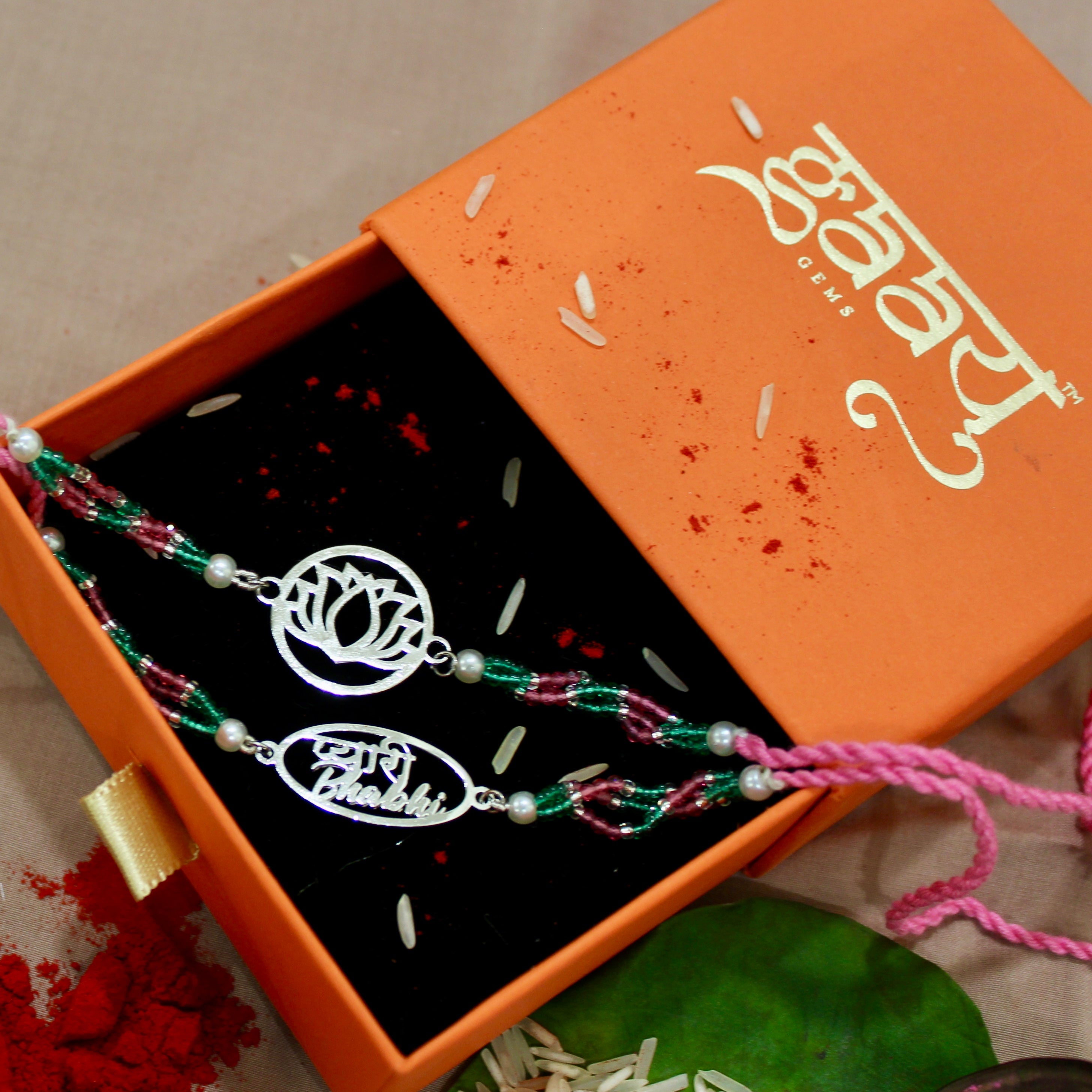 Lotus in Silver Polish Pink Thread and Pyari Bhabhi Pink Thread Rakhi in 925 silver