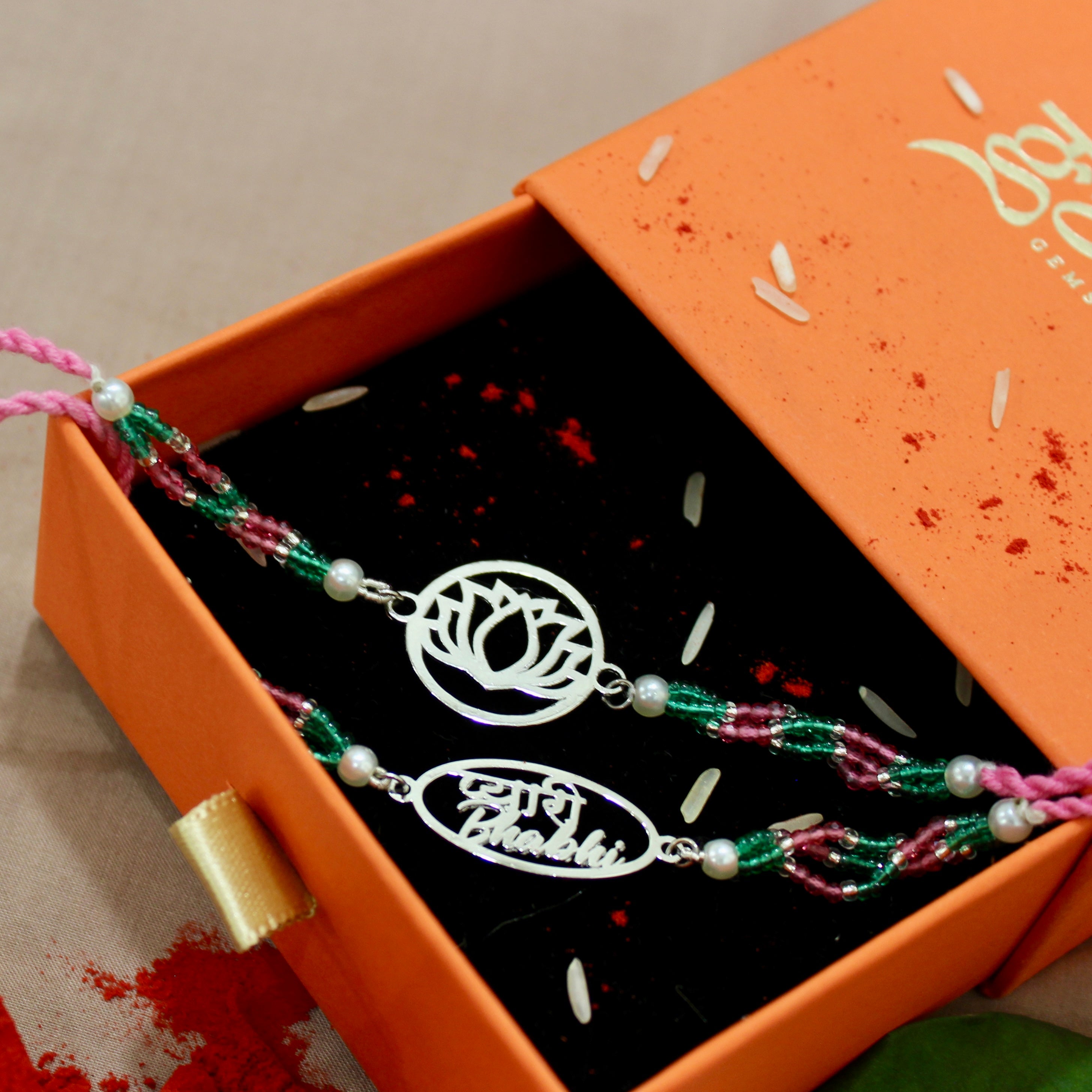Lotus in Silver Polish Pink Thread and Pyari Bhabhi Pink Thread Rakhi in 925 silver
