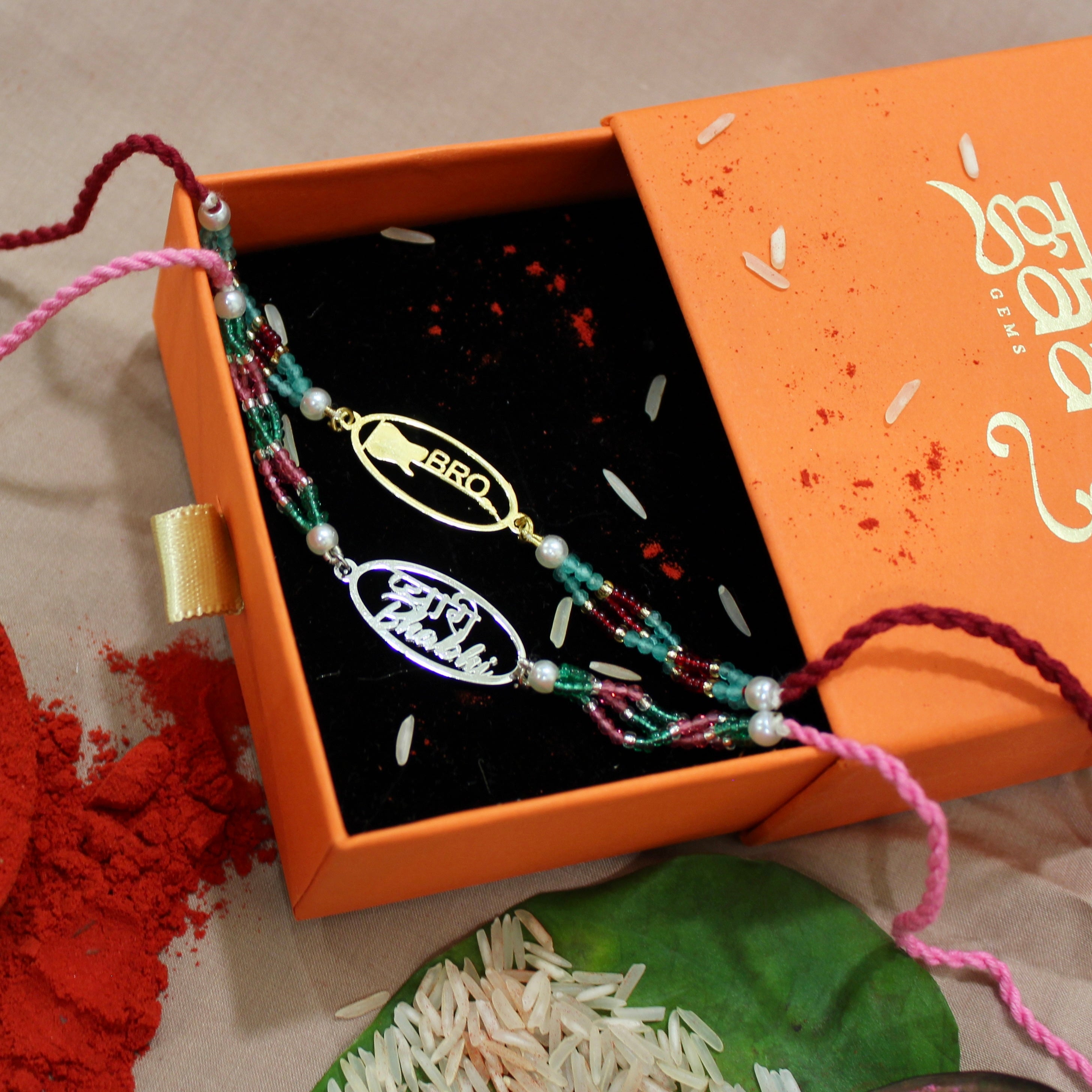 Bro with Guitar Maroon thread and Pyari Bhabhi Pink Thread Rakhi in 925 Silver