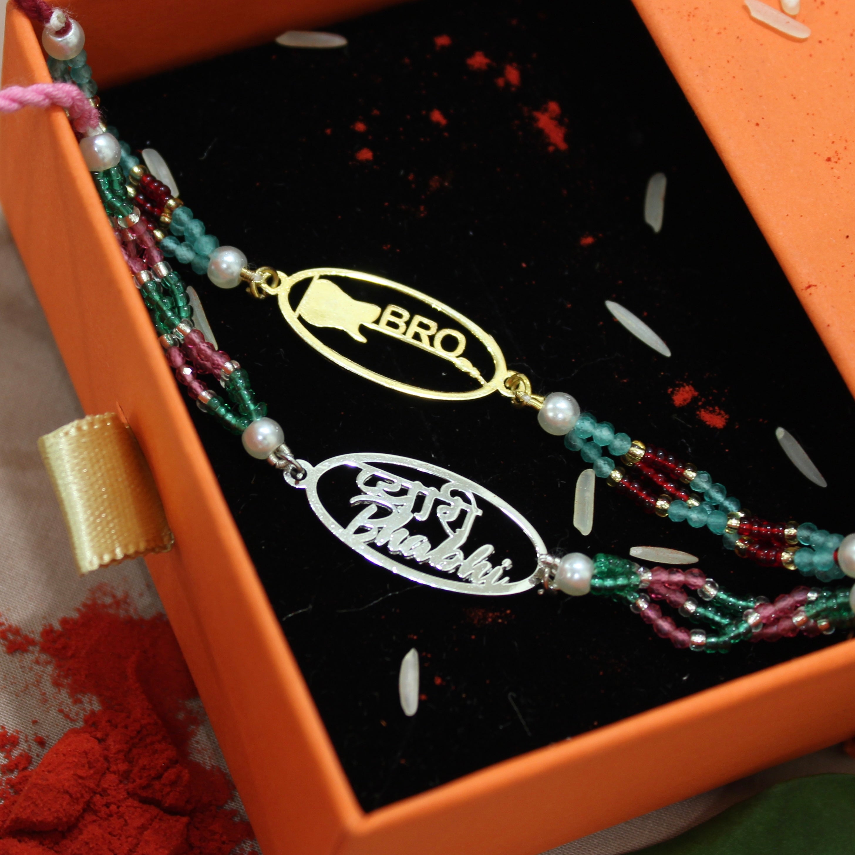 Bro with Guitar Maroon thread and Pyari Bhabhi Pink Thread Rakhi in 925 Silver